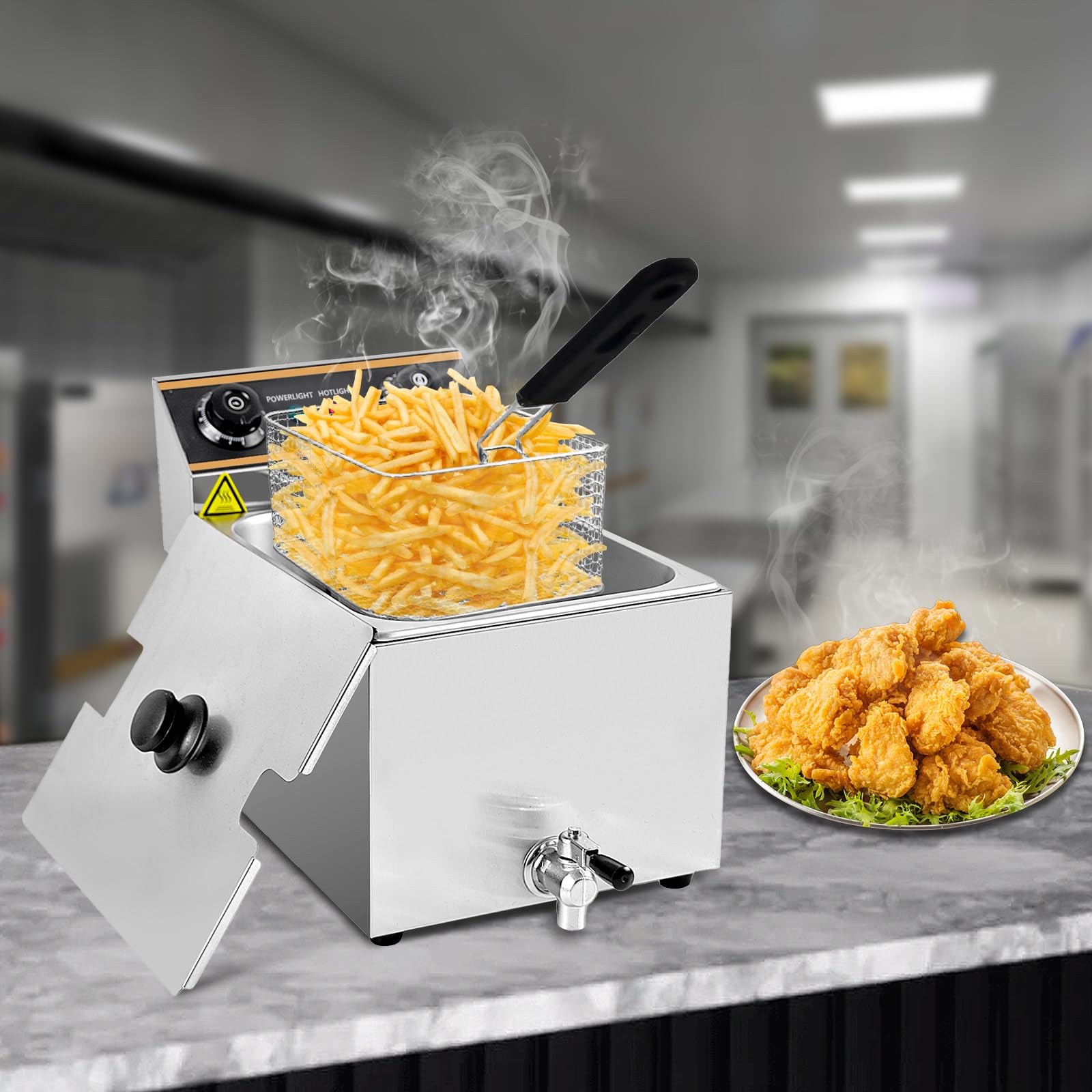 Electric Deep Fryer,10L(10.5QT) Commercial Fryer with Drain Tap,1500W Stainless Steel Countertop Fryer,Single Tank with Lids & Basket for Home Restaurant Kitchen