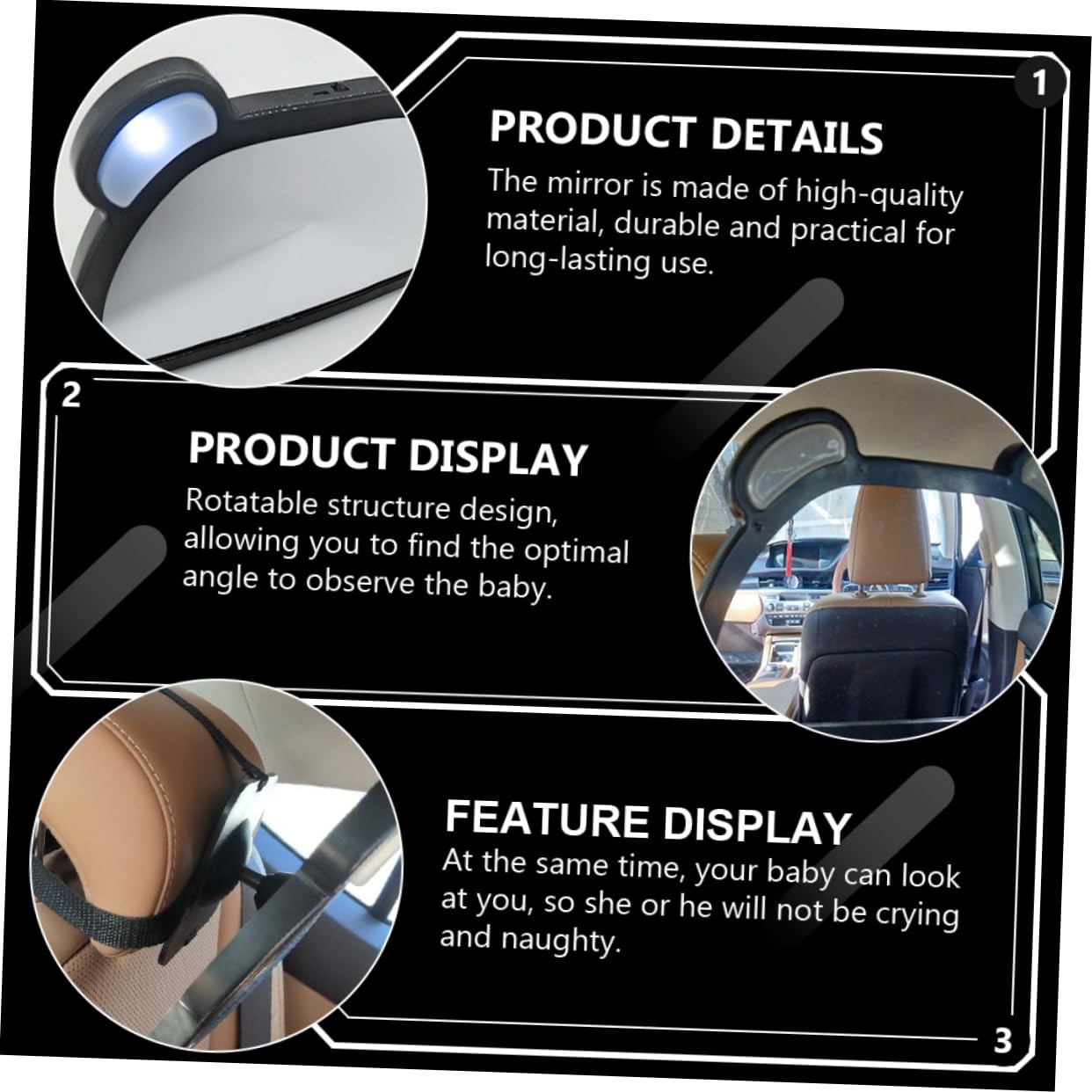 Miroir de Voiture Réglable Rétroviseur Arrière D’observation pour Bébé Structure Rotative, Installation Facile pour L’intérieur Voiture