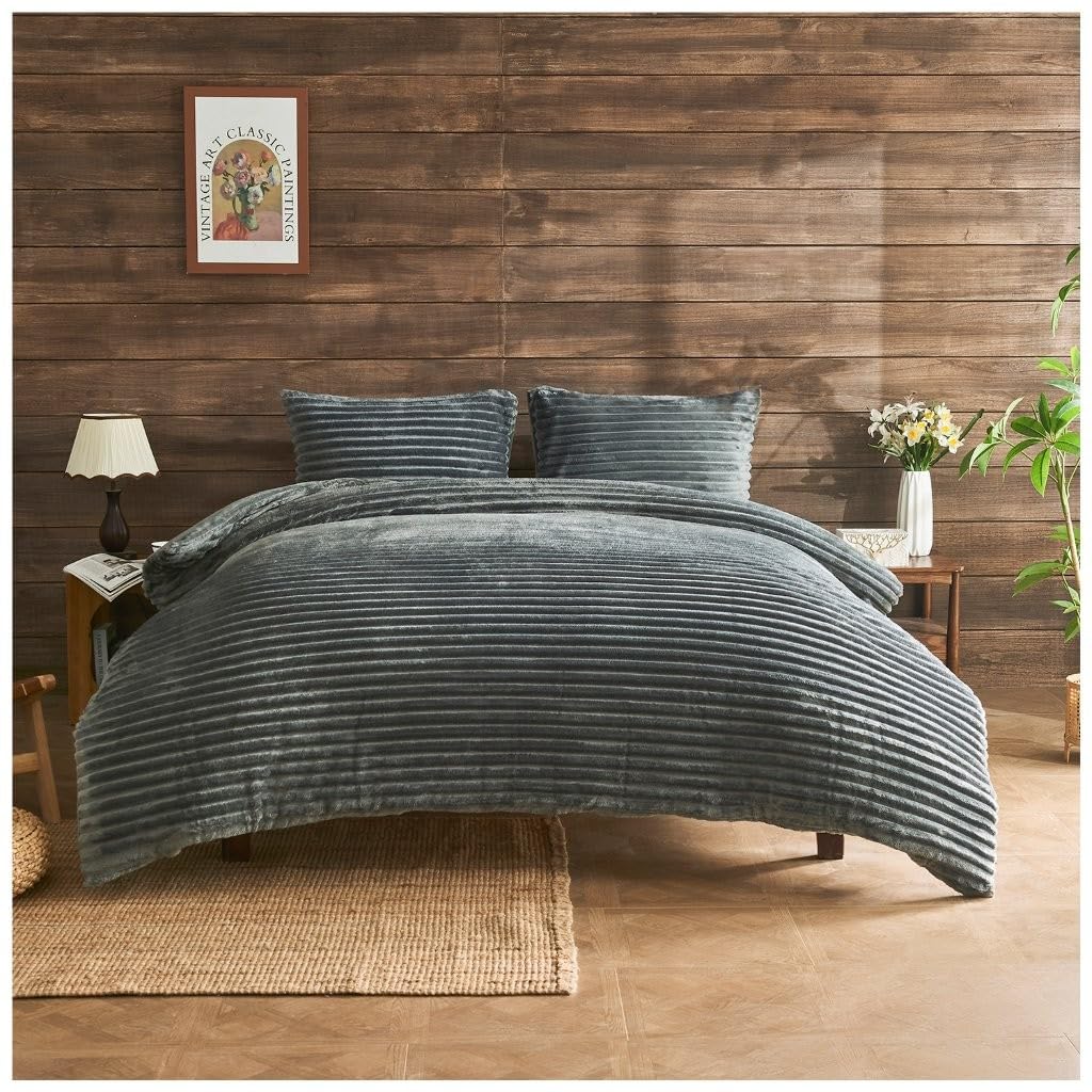 Lions Teddy Fleece Bedding Set - Thermal Ribbed Single Bed Duvet Cover with Matching Pillowcase, 100% Polyeser Warm Cosy Winter Quilt Covers, Charcoal, 137x200cm