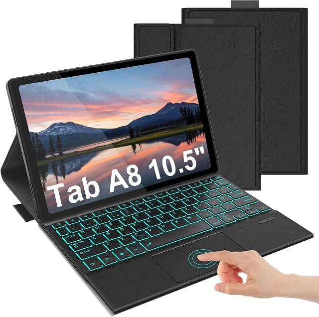 Backlit Keyboard Case with Touchpad for Samsung Galaxy Tab A8 10.5 Inch, Cover with Detachable Illuminated Keyboard with Trackpad UK Layout for Samsung Galaxy Tab A8 SM-X200/X205/SM-X207, Black