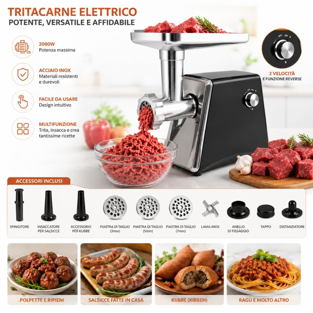 Tritacarne Elettrico Professionale 2000W, 2 Lame in Acciaio Inox, 3 Piastre di Tritatura, Accessorio per Salsicce e Kubbe, Motore Silenzioso, Facile da Pulire, Macchina per Carne, Casa e Cucina.
