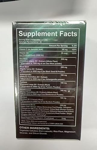 Miniatura 11 de Aceite de semilla negra de musgo marino Ashwagandha Jengibre, suplemento de cápsula de musgo marino con cúrcuma raíz de bardana vejiga Vitamina C,