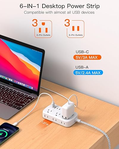 Miniatura 5 de BESHON - Tira de alimentación de enchufe plano de 10 pies con USB C, cable de extensión de enchufe plano ultrafino, 6 salidas con 4 puertos USB (2