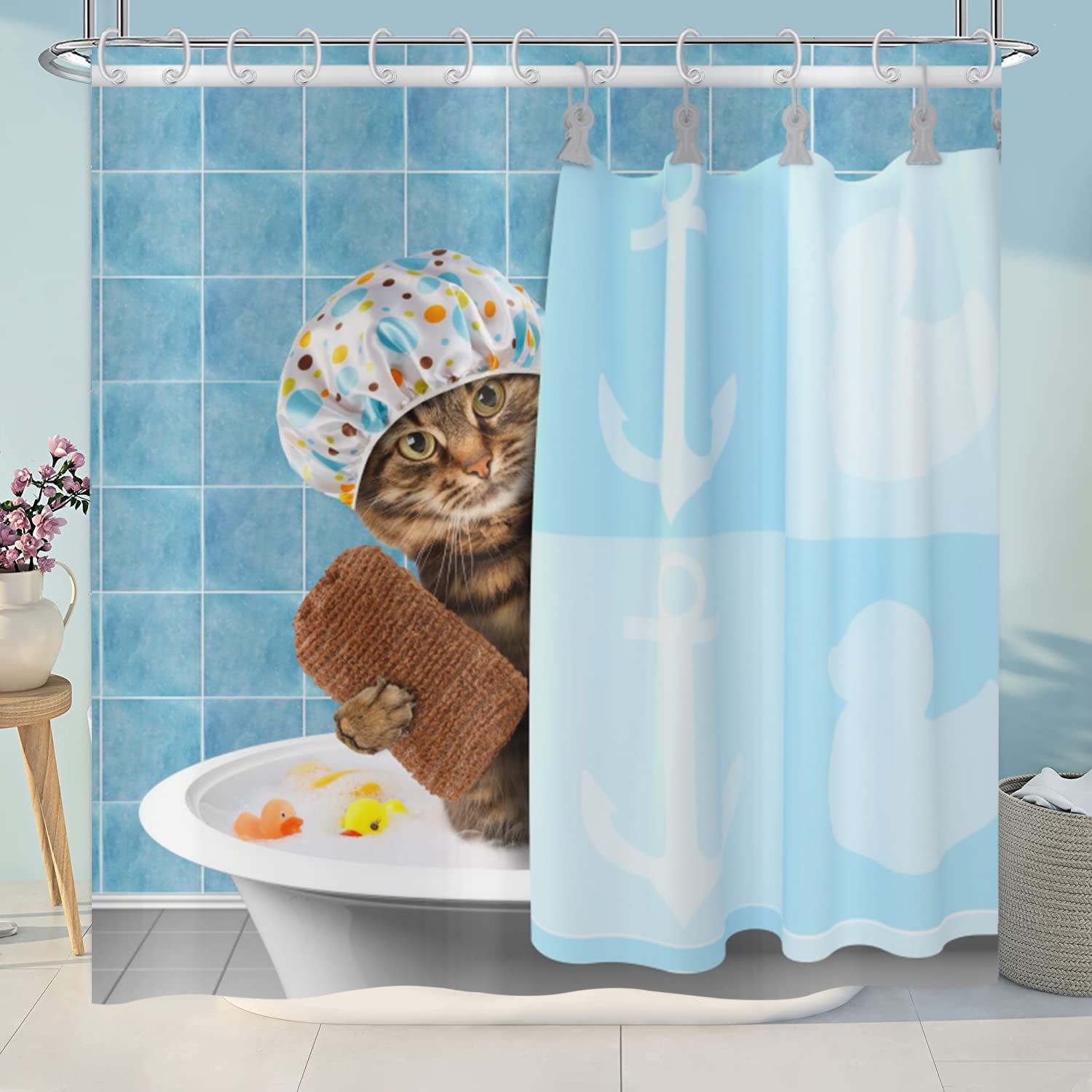 ASDCXZ Shower Curtain Funny 120x200 cm, Blue Funny Cat Bathtub Showers Child Shower Curtains Fabric Washable Polyester Textile Waterproof Shower Curtain for Bathtub with 12 Shower Curtain Hooks — image 1