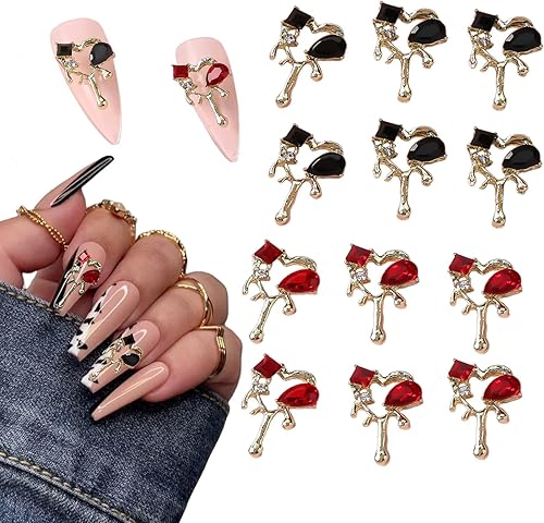 12 dijes de aleación de metal para uñas, diamantes de imitación con forma de corazón de lava, suministros mezclados de corazón negro y rojo,