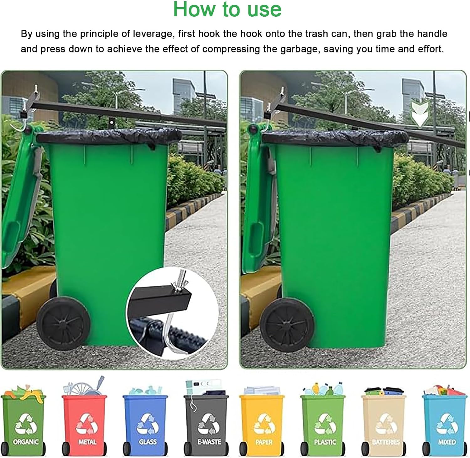 Trash Bin Compactor, Manual Touchless Trash Can Compactor,Plate Garbage Squash with Adjustable Handle,Portable Waste Smasher for Household Kitchen Garden Restaurant Recycling(One Piece)