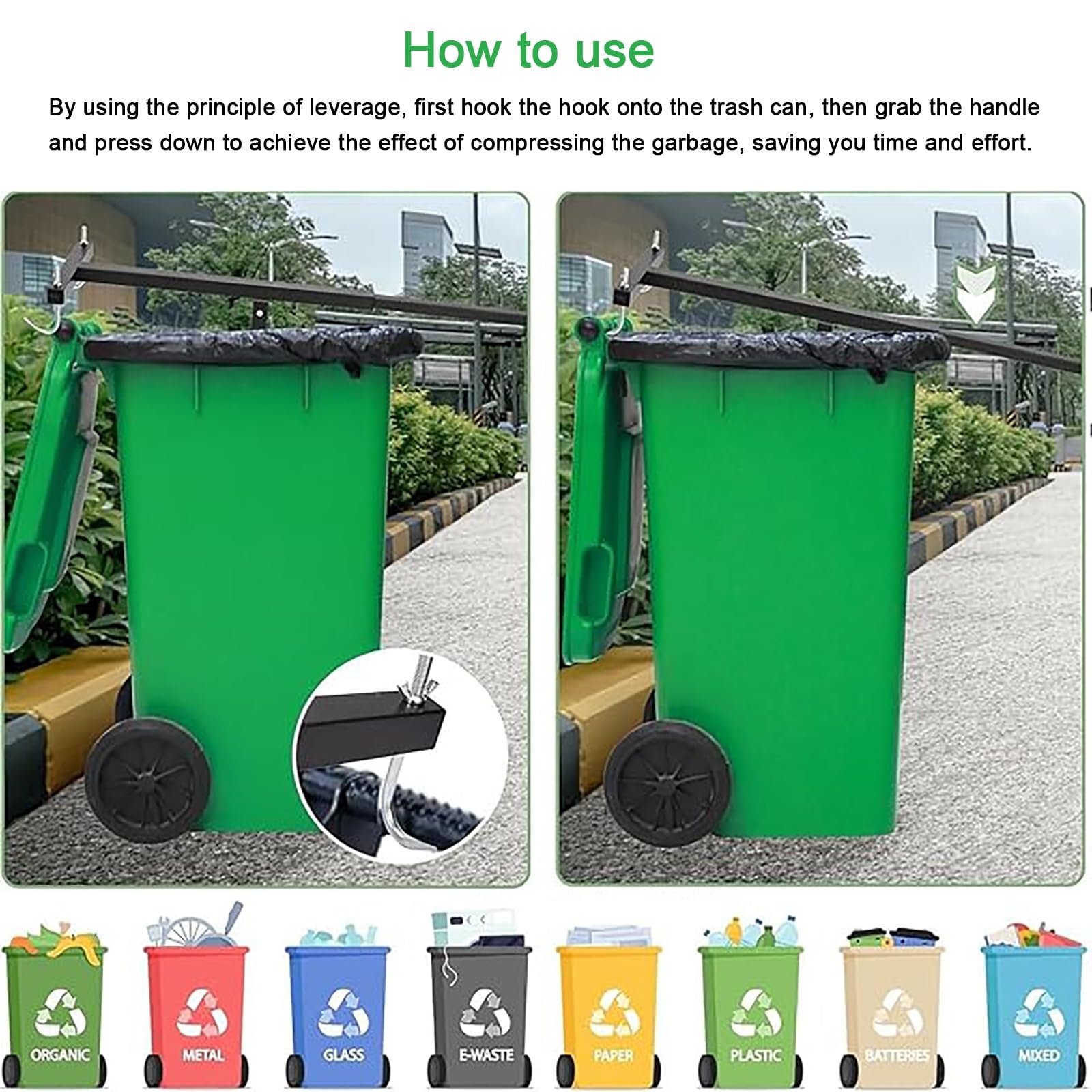 Compactador de basura, compactador manual de basura sin contacto, triturador de basura de placa con mango ajustable, triturador de basura portátil for el hogar, la cocina, el jardín, el restau