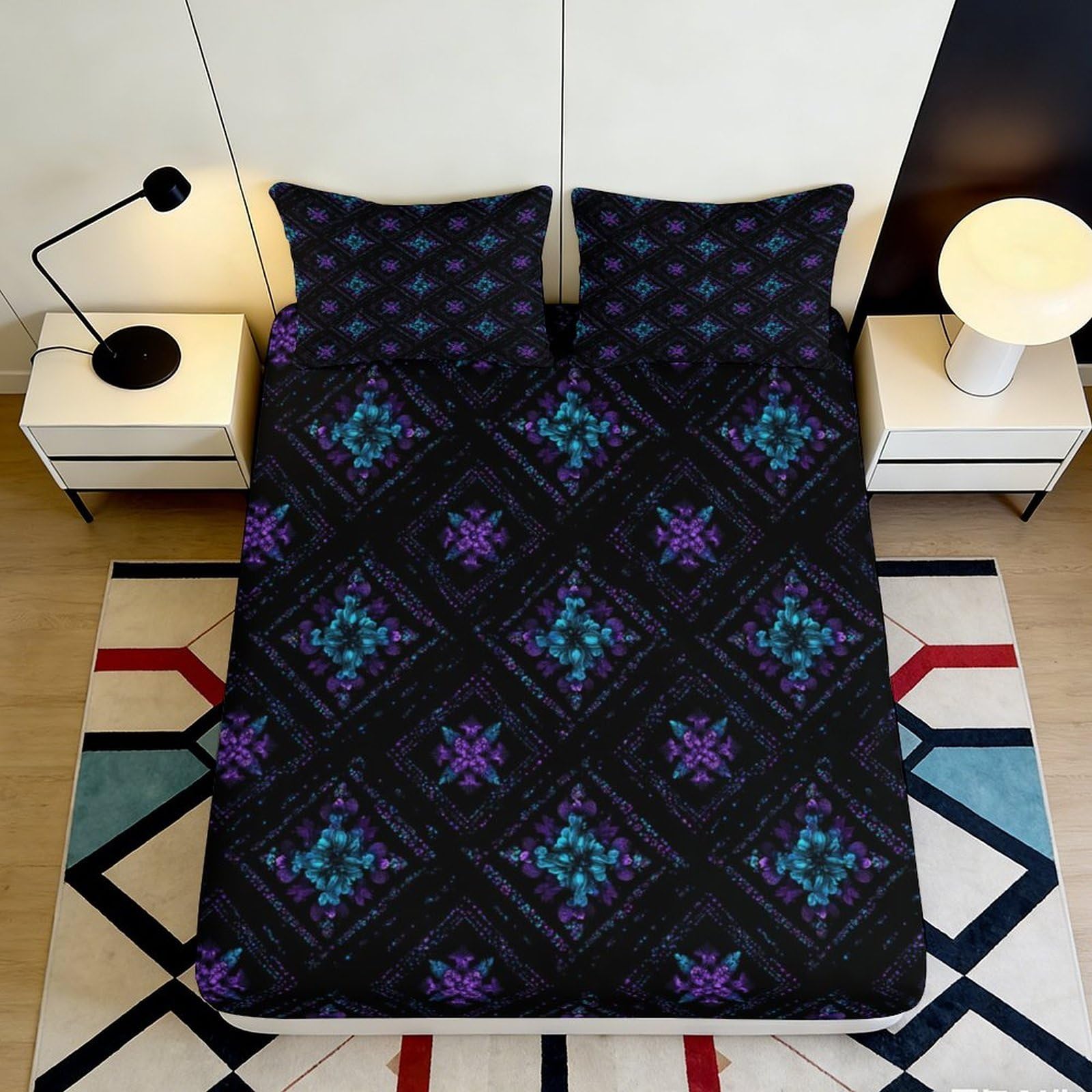 3D Printed Geometric Fitted Sheet Microfiber Deep Pocket Non-Slip Bedroom Bedding Geometric Mattress Fitted Cover Washable Adult Teens 200x200x25cm