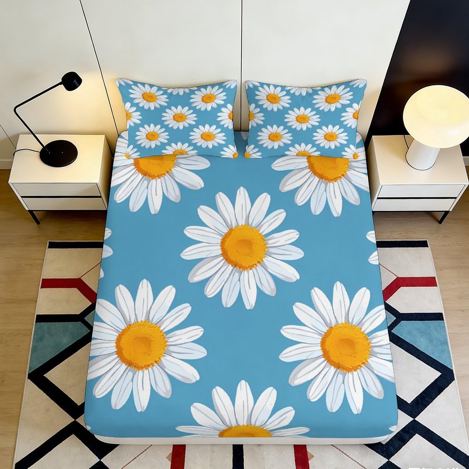 3D Printed Daisy Flower Fitted Sheet Microfiber Soft Breathable Chamomile Pattern Mattress Cover for Bedroom Dormitory Guest Room Mattress Protection Decor 160x200x25cm