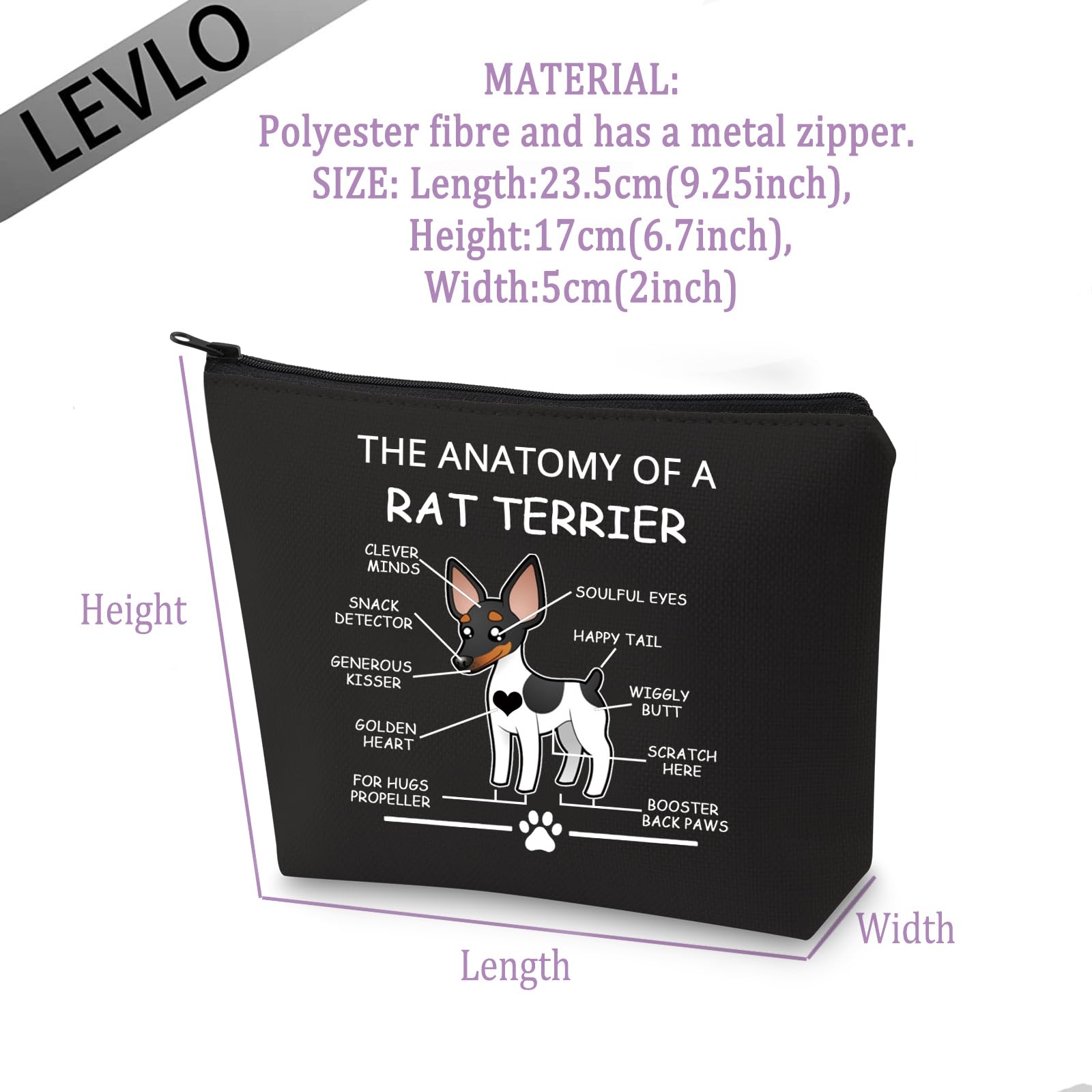 LEVLO Funny Rat Terrier Lovers Gifts: The Anatomy of A Rat Terrier Cosmetic Bags for Veterinary Mom Travel Toiletry (Black)