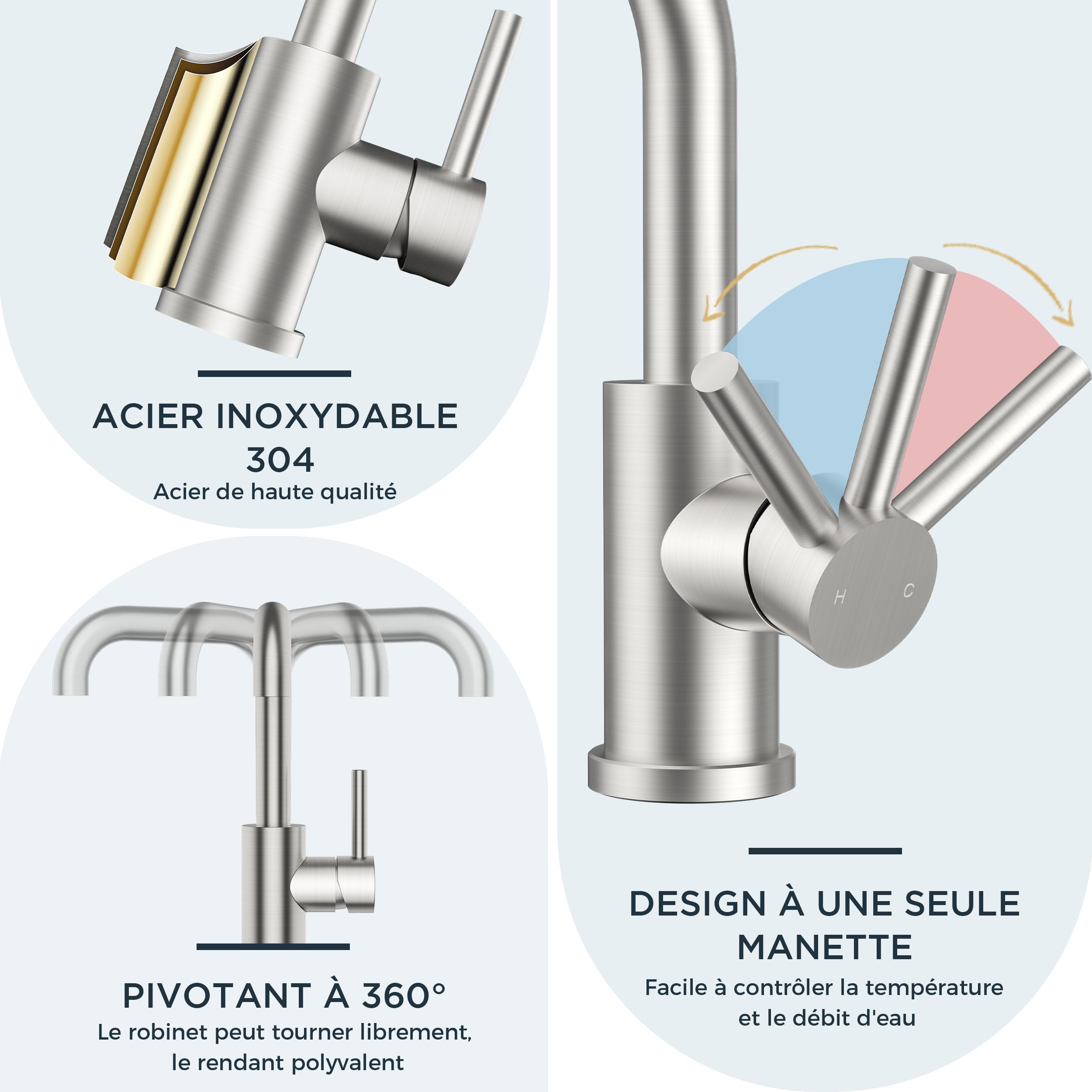 FORIOUS Robinet Salle de Bain Pivotant à 360°, Mitigeur pour Eau Chaude/Froide，Mitigeur en Acier Inoxydable Facile à Installer pour Salle de Bain Lavabo,Inox