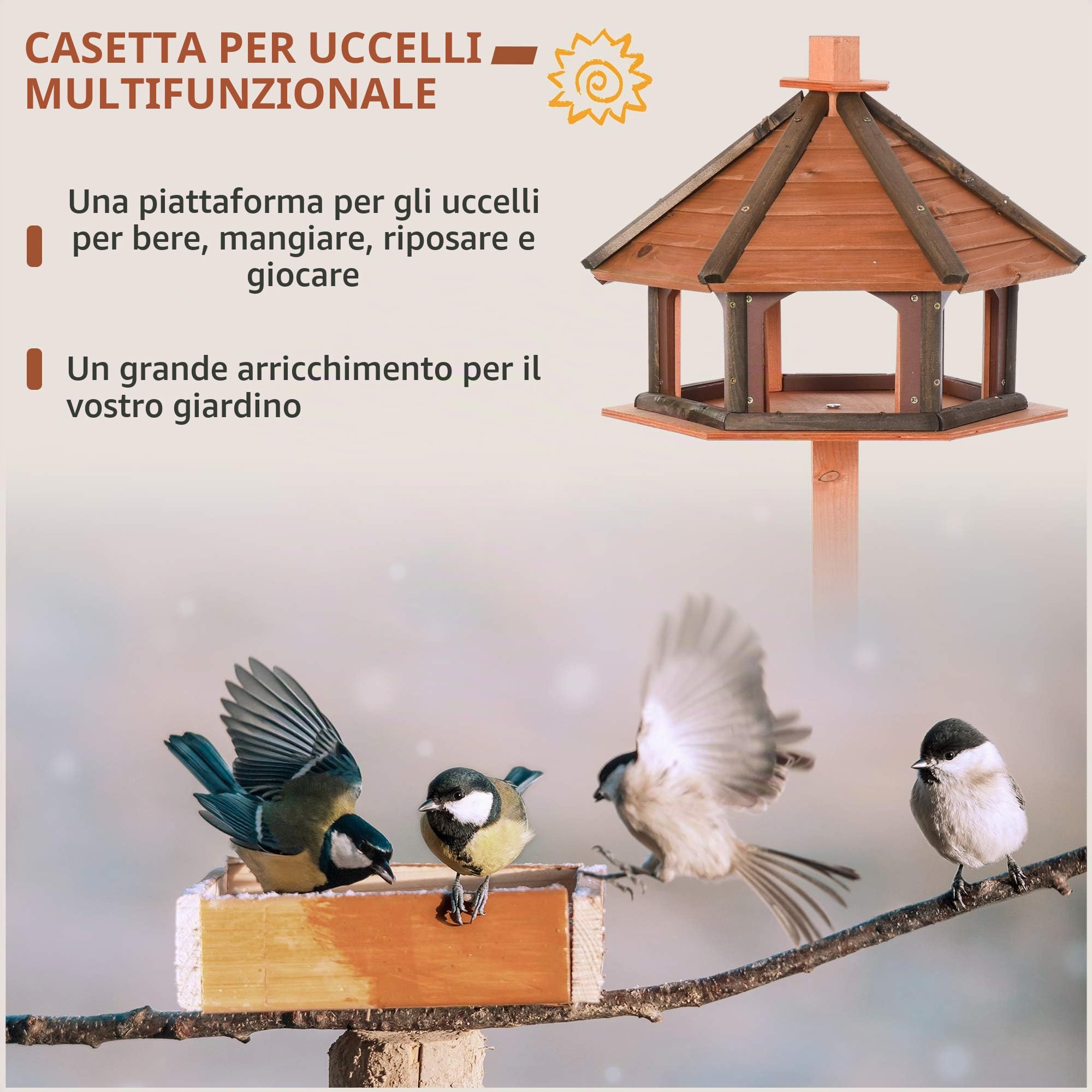 PawHut Casetta per uccelli in legno Mangiatoia per uccelli Tavolo per uccelli Casetta per uccelli con tetto impermeabile per uso esterno Natura Ø52 x 130H cm