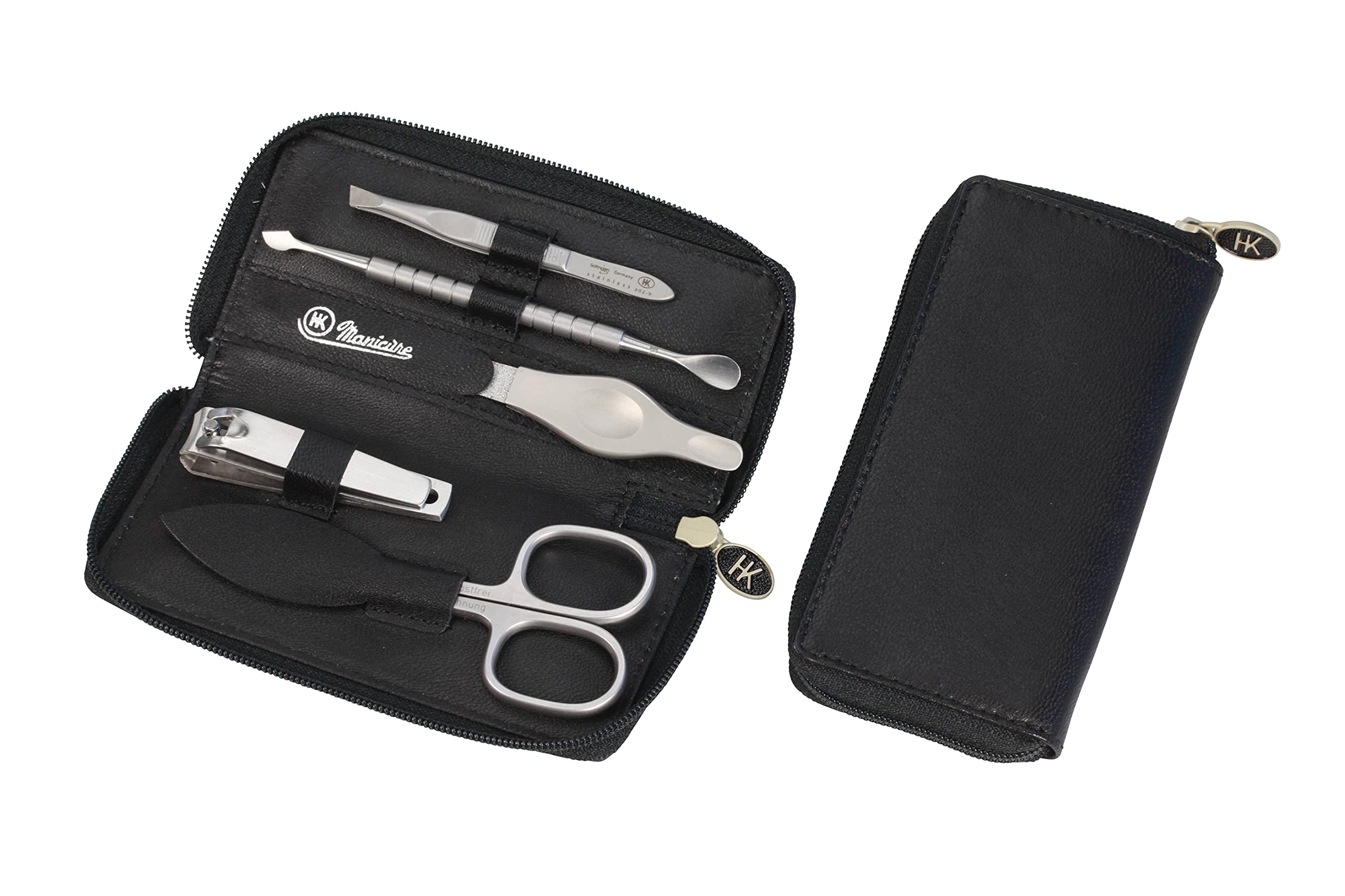 by Hans Kniebes – 5-teiliges Maniküre Set – Nagelschere, Knipser, Feile, Pinzette, Doppelinstrument – Manicure-Etui aus Nappa-Ziegenleder schwarz
