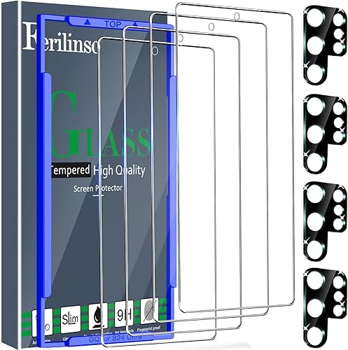 Ferilinso Paquete de 4 protectores de pantalla para Samsung Galaxy S24 Ultra con 4 protectores de lente de cámara de vidrio templado para fundas de