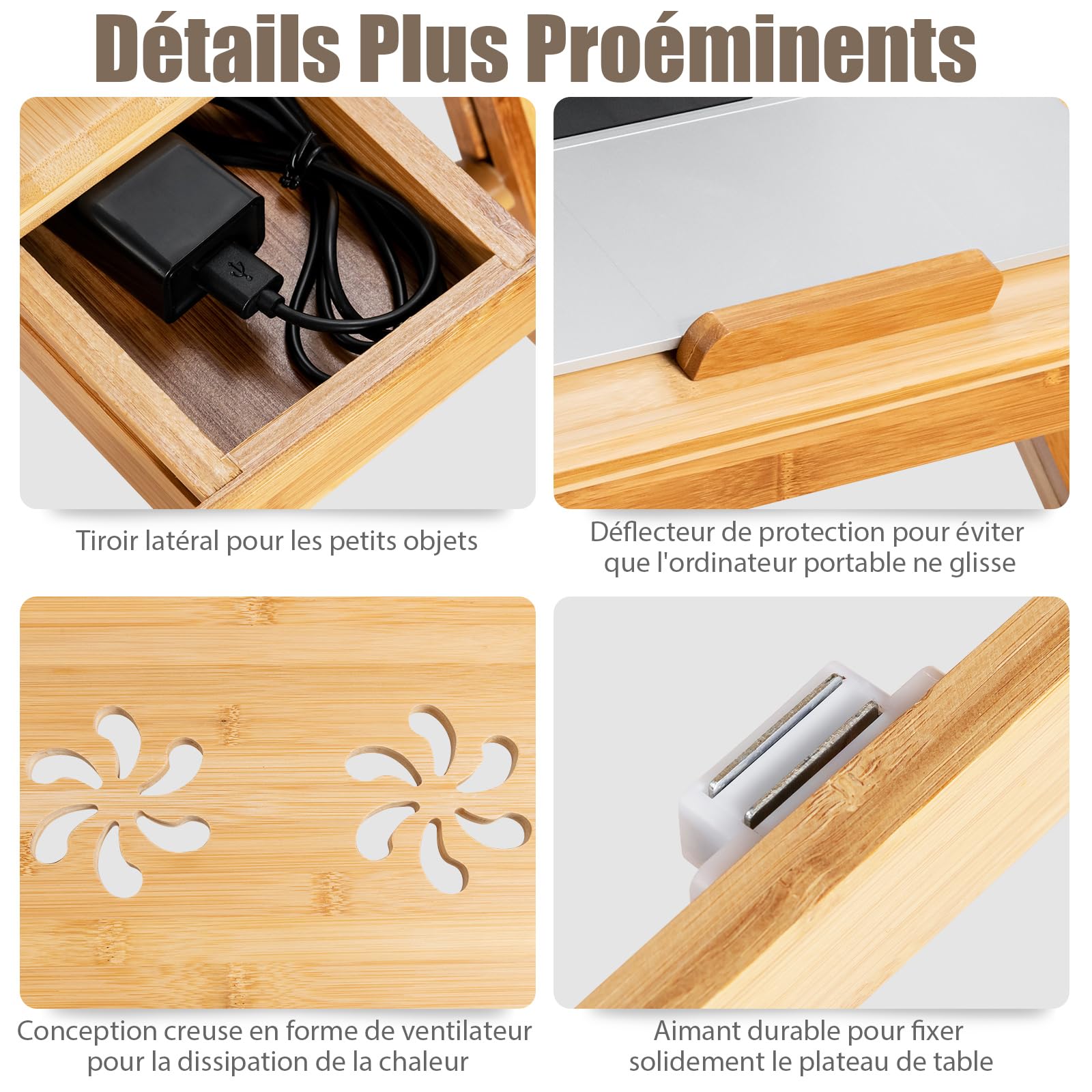 COSTWAY Table de Lit Pliable 53 x 33 cm, Plateau de Lit en Bambou avec Pieds Réglables et Plateau Inclinable, Support d'Ordinateur Portable avec Tiroir et Trous d'Aération (Naturel)