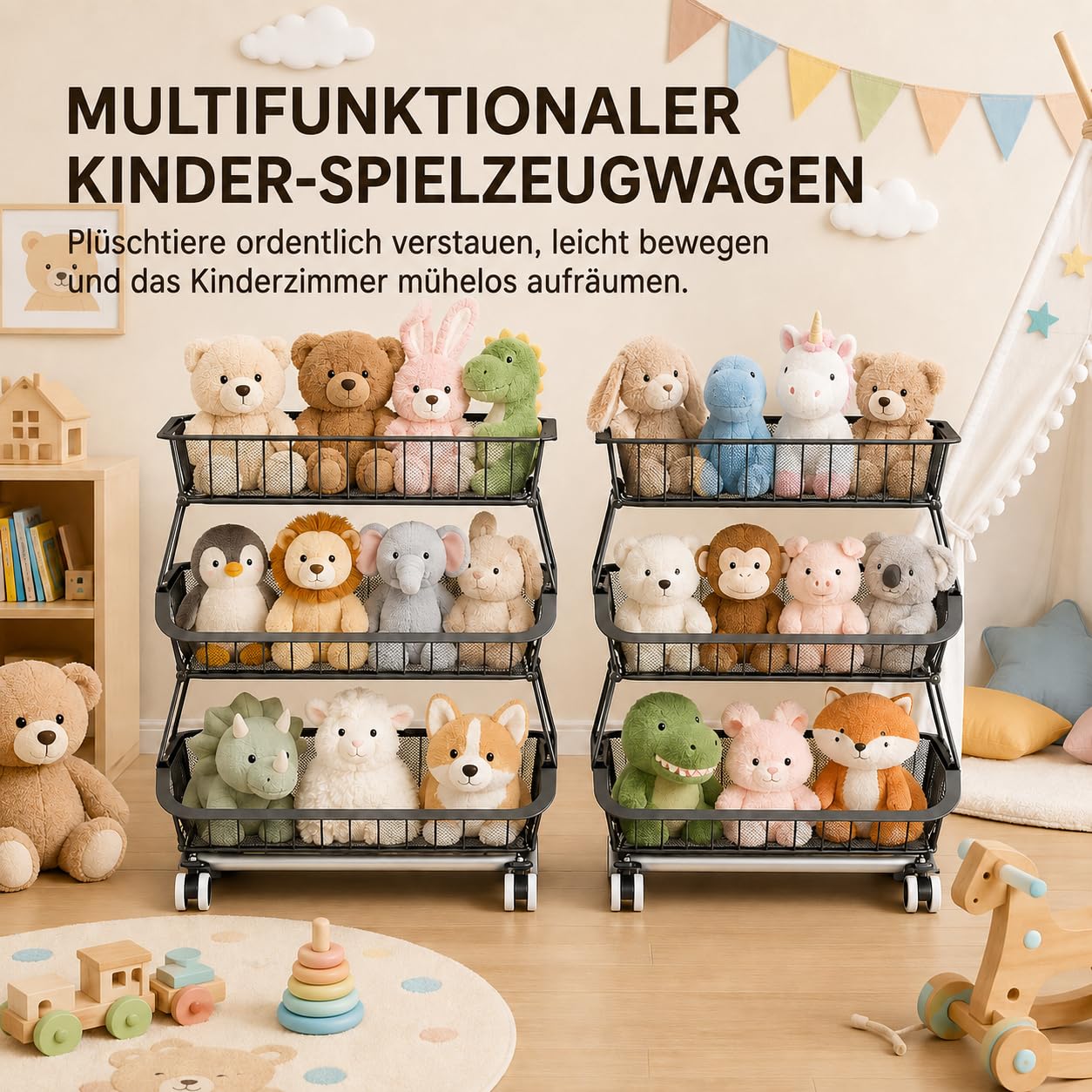 Obstkorb 3 Ebenen, rollbarer Gemüsekorb aus Metall, Früchtekorb Küchenwagen mit Rollen, Aufbewahrungskorb Organizer für Obst, Gemüse, Zwiebeln, Kartoffeln, Snacks, Küche, Vorratskammer, schwarz