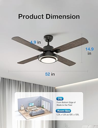 Miniatura 6 de warmiplanet Ventilador de techo con control remoto de luces, 52 pulgadas, negro (4 cuchillas)