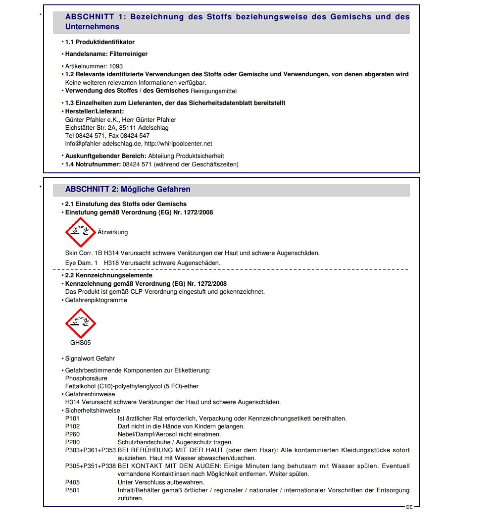 Filterreiniger flüssig 1 Liter Filter Cleaner für Whirlpool und Pool Kartuschenreiniger Filterkartuschen Lamellenfilter Reiniger