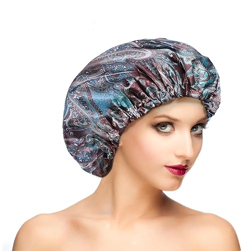 Fishent Gorro de ducha grande para mujer, reutilizable, doble capa, impermeable, ajustable, extra grande, para cabello largo y trenzas (estampado
