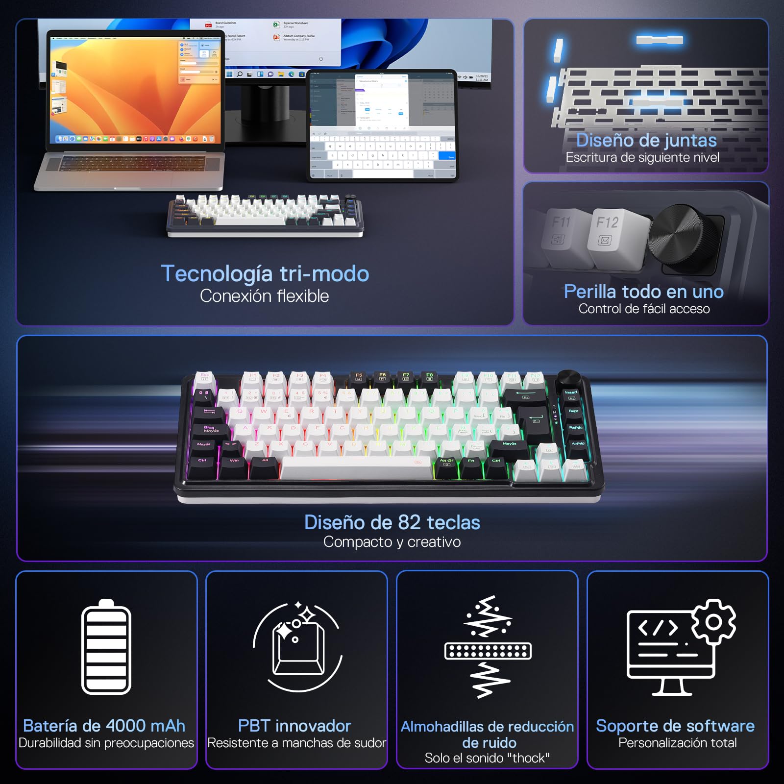 Redragon K673 Pro 75% Gasket RGB Teclado Mecánico, Teclado Gaming con Perilla, 82 Teclas, 2.4Ghz/BT/USB-C, Espumas Absorbentes de Sonido, Hot-Swap Interruptor Rojo, 4000mAh batería, QWERTY Español