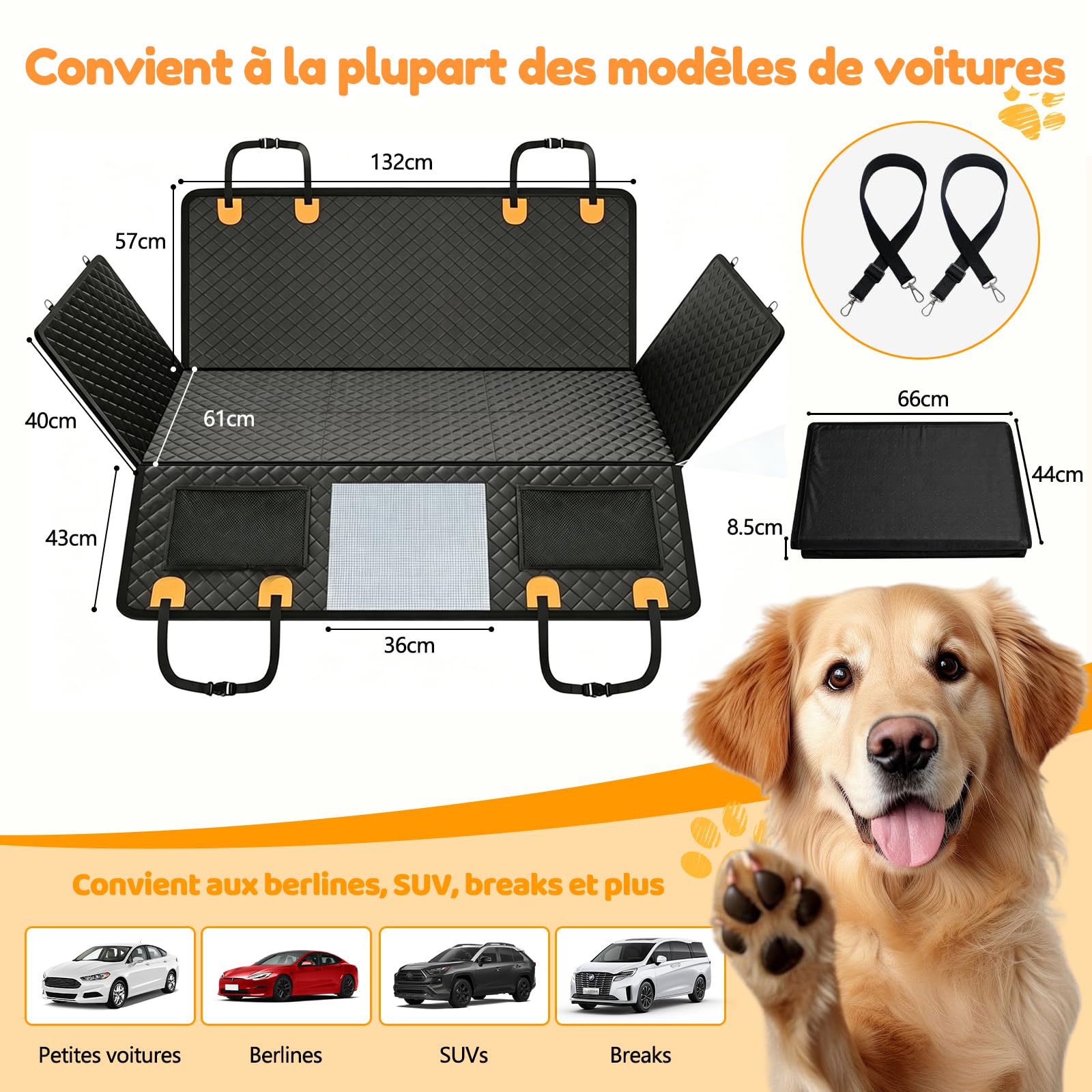 Protection Voiture Chien Siège Arrière, Fond Renforcé, Housse Voiture Chien | 600D Oxford, +40% d'espace, Anti-rayures, Imperméable, Antidérapant, Fenêtre Filet, 150 kg, pour Voitures et SUV