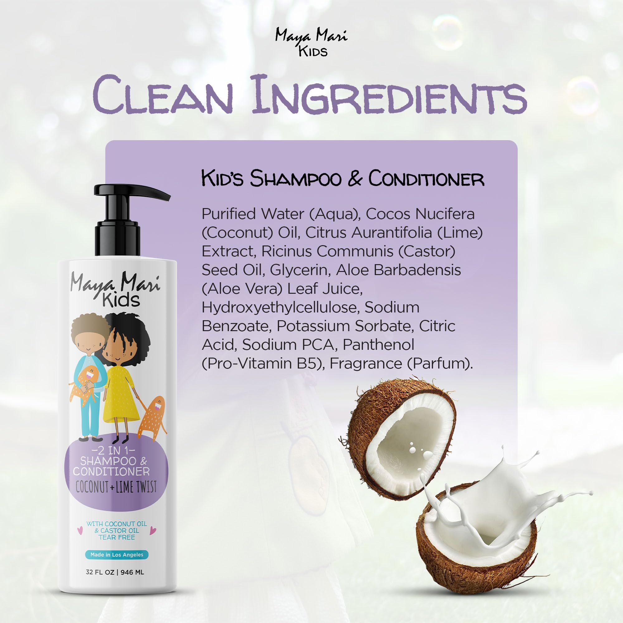 MAYA MARI Champú y acondicionador 2 en 1 para niños con aceite de coco y aceite de ricino, sin sulfatos ni lágrimas
