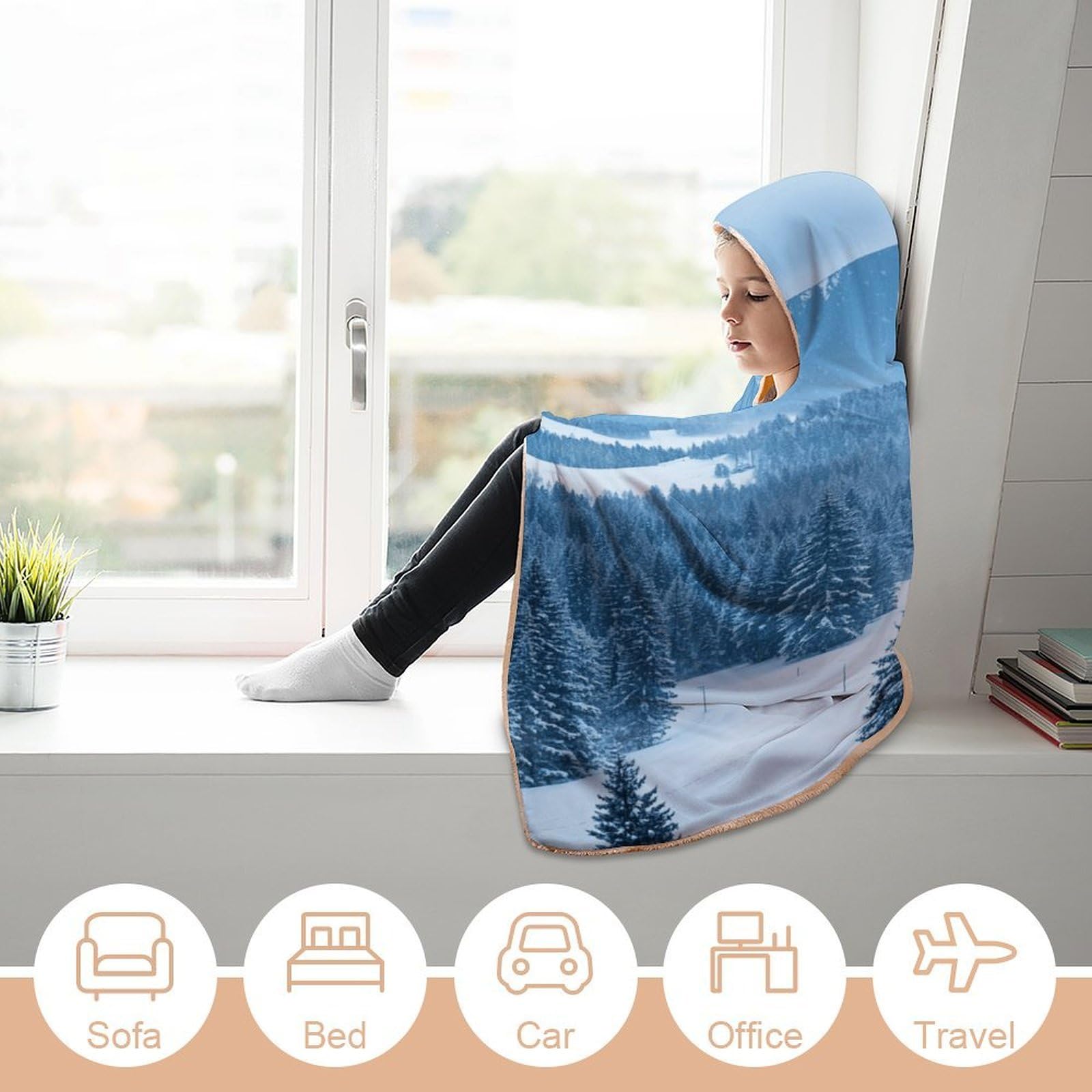 Manta poncho envolvente de gran tamaño, suave y cálida, manta para adultos, manta de pino, nieve, montaña, sudadera con capucha