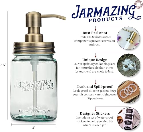 Miniatura 10 de Jarmazing Products Dispensador de jabón y loción en tarro de vidrio azul vintage, dos unidades, acero inoxidable