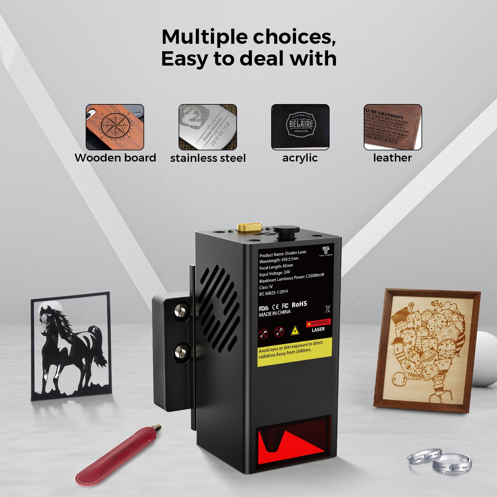 TwoTrees TC20 20W Lasermodul kompatibel mit CNC Fräsmaschine TTC450/TTC450 pro/TTC450 Ultra, für Holz, MDF, Edelstahl & Leder