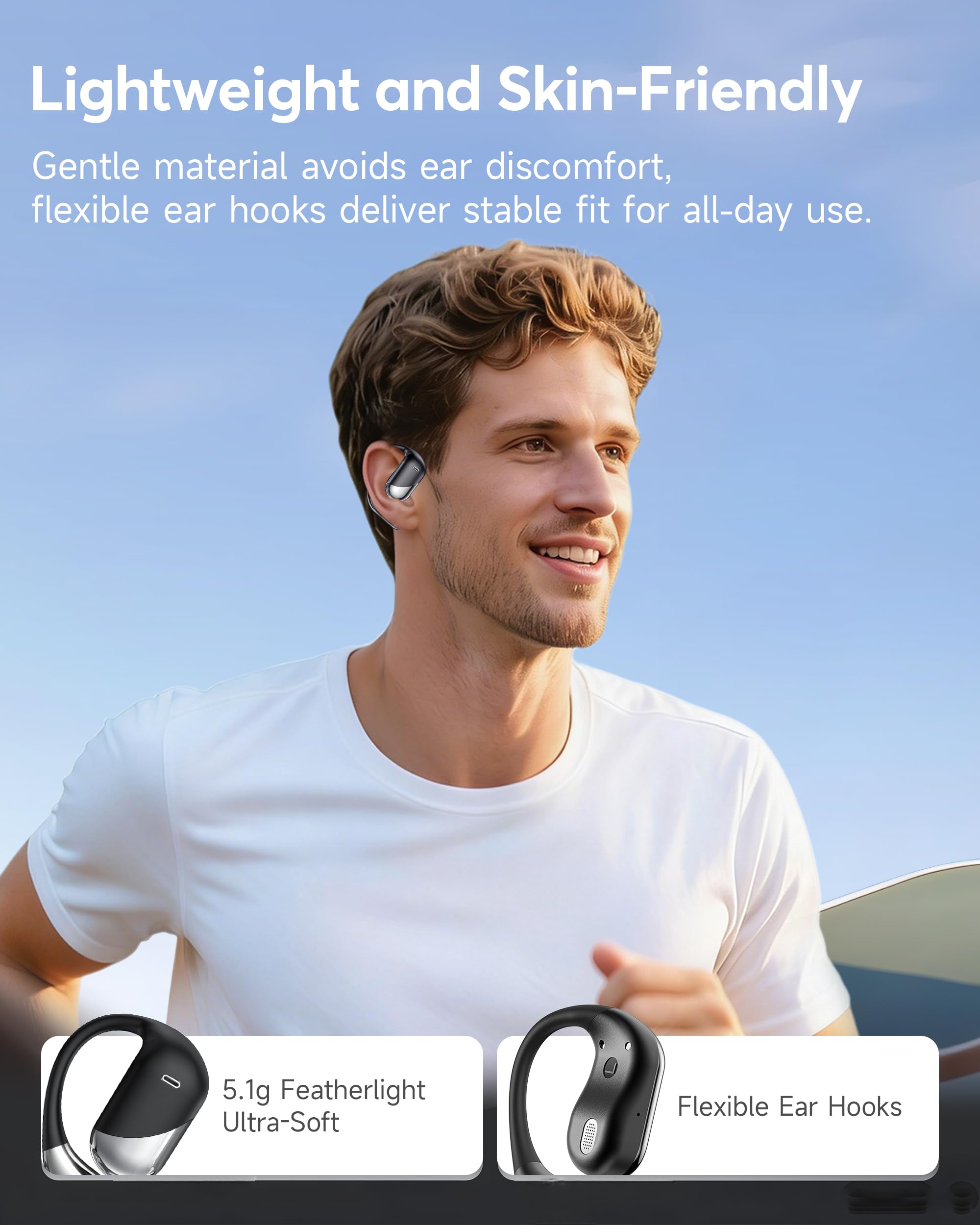 Open Ear Wireless Earbuds, Sports Bluetooth Headphones with Real Time Translation, 80Hrs Playtime with LED Power Display, Noise Canceling Headset, IP55 Waterproof Earphones for Workout/Running - 5