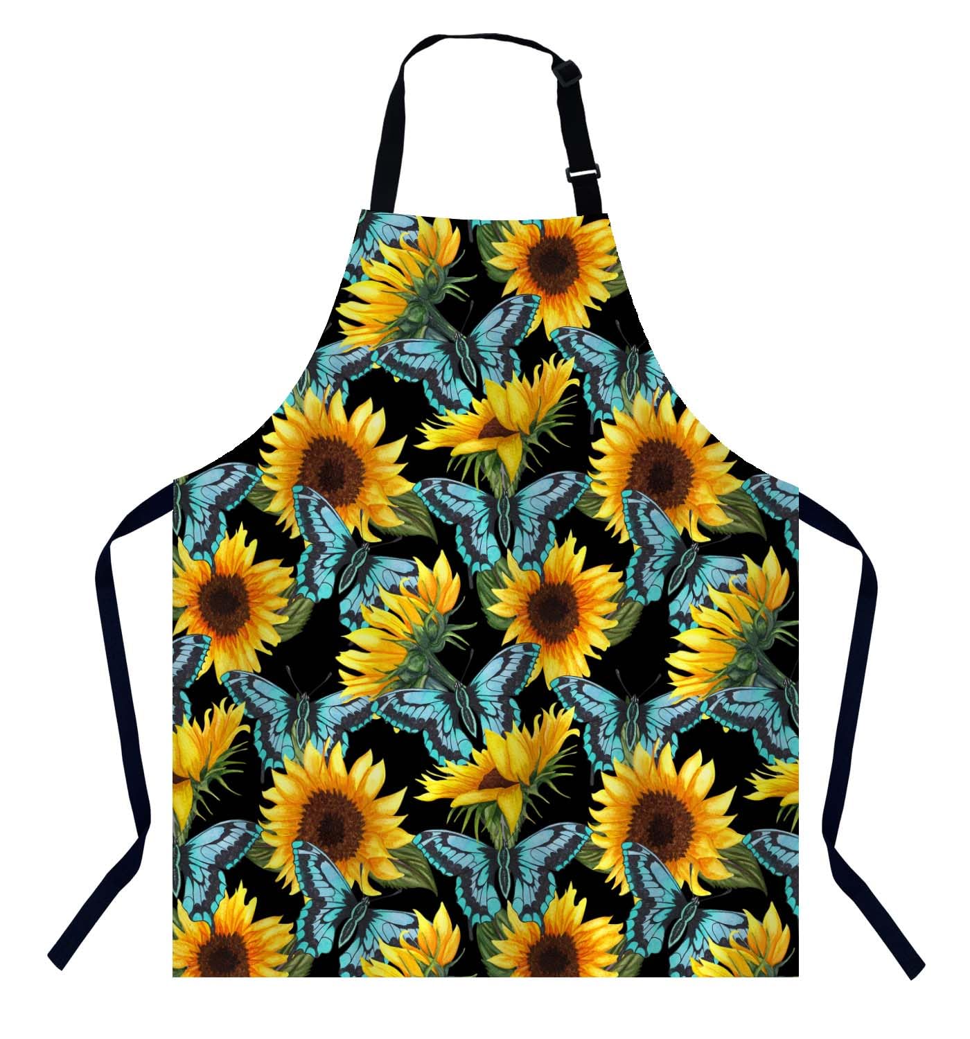 BGBDEIA Sunflower Flowers and Graphic Blue Batterflies Apron Adjustable Neck Bib Apron for Men Women,Suitable for Kitchen Cooking Waitress Chef Apron