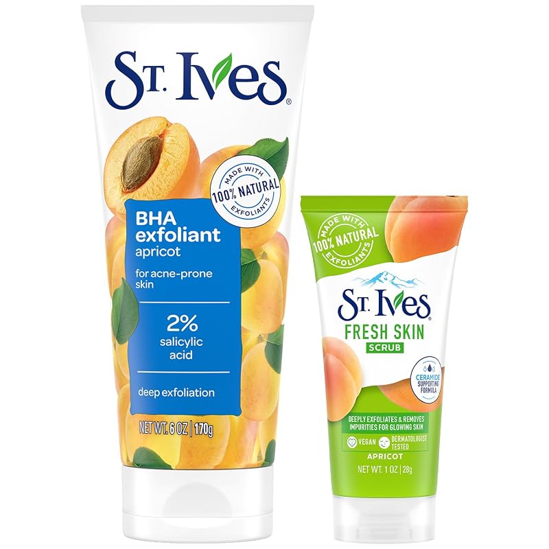 Esfoliante facial St. Ives com ácido salicílico 2% e esfoliante de damasco para viagem, Pacote com 2