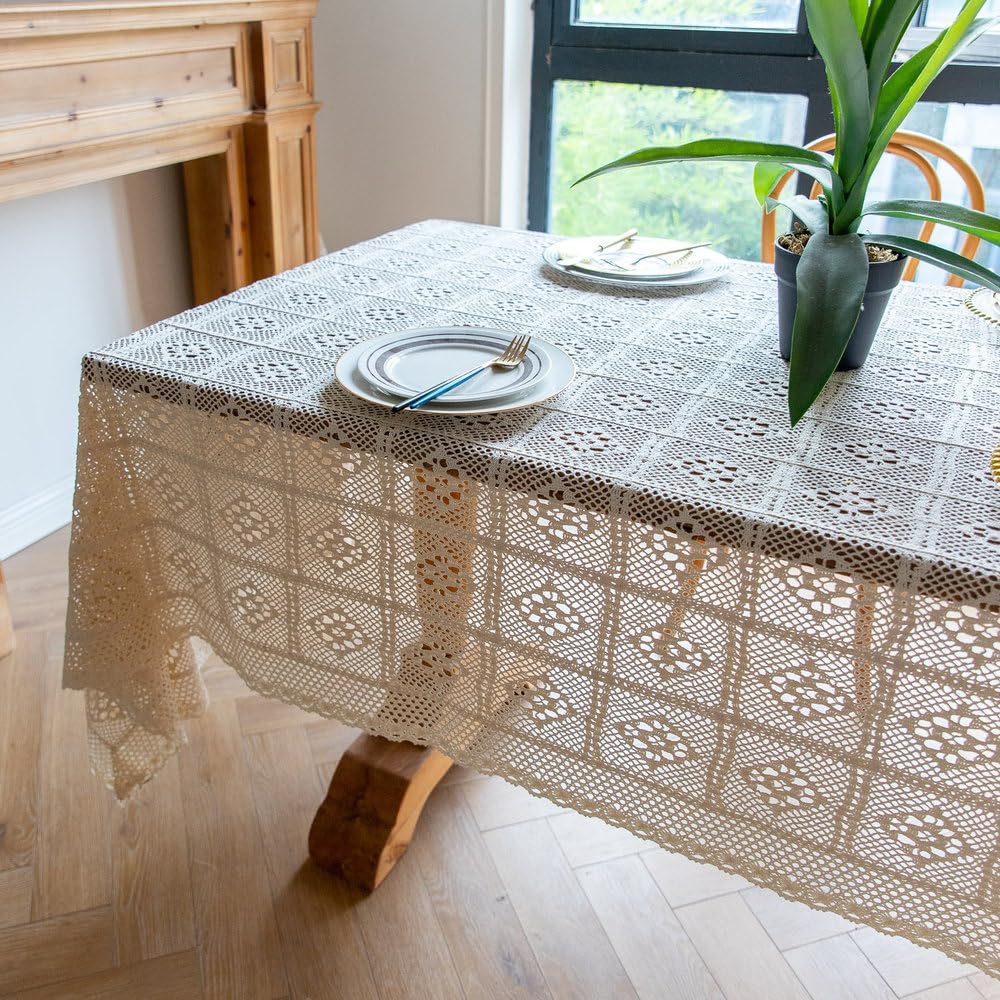 Retro-Häkeltischdecke, extra lang, beige, rechteckig, Spitzentischdecke für Esszimmer und Restaurant, Off-White, 85 x 85 cm