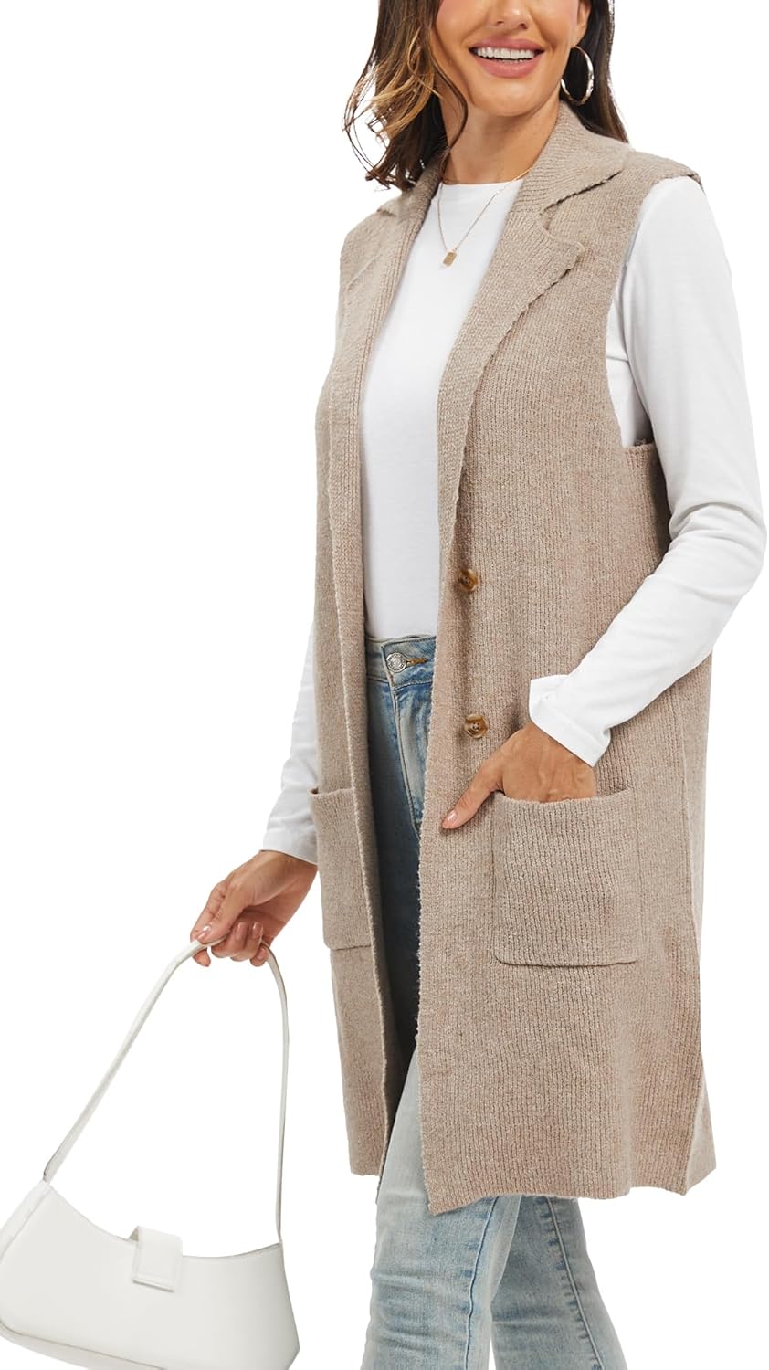 Moss Rose Sleeveless Cardigans for Women Open Front Sweaters Vest Lapel Collar Button Down Long Outerwear Coats - Image 5