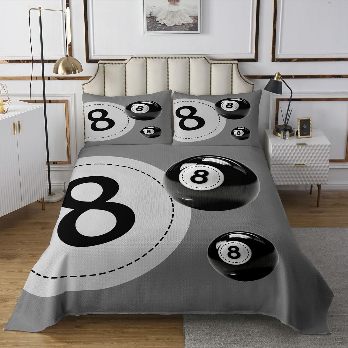 jejeloiu Lucky 8 Ball Bedspread Quilts Cyberpunk Theme Coverlet Set Twin Size for Kids Boys Girls Gray Quilted Coverlet for All Season with 1 Pillowcase Y2K Aesthetic Microfiber