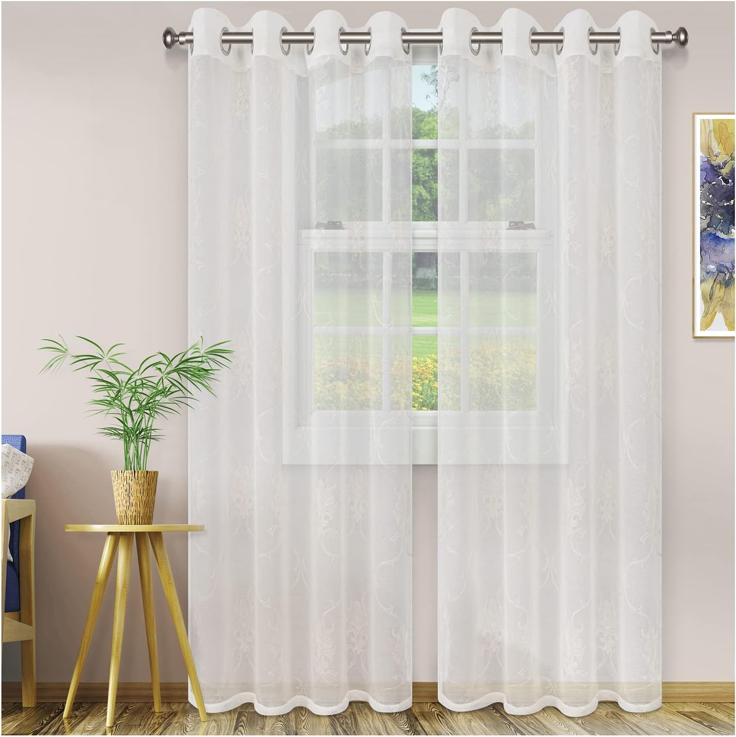 Superior Scalene Semi-Sheer Jacquard Curtains, Window Accents, Geometric, Trellis, Triangle, with Grommets, Modern, Transitional, Traditional, Curtain Set of 2 Panels, 52" X 84", Sand