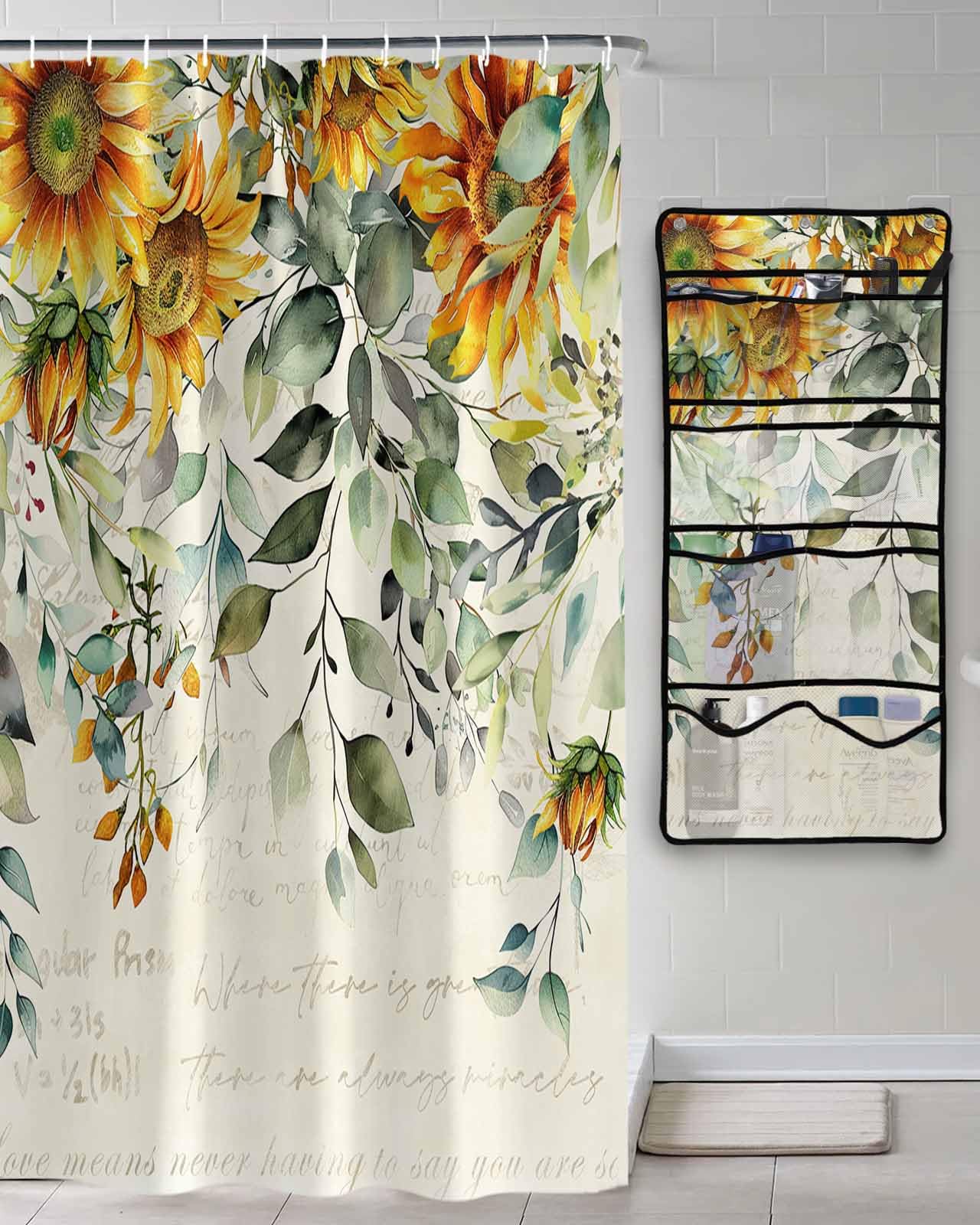 Decorative Shower Curtain Sets Eucalyptus Leaves Green Polyester Fabric Waterproof Shower Curtains Pastoral Style Sunflowers Beige Mesh Shower