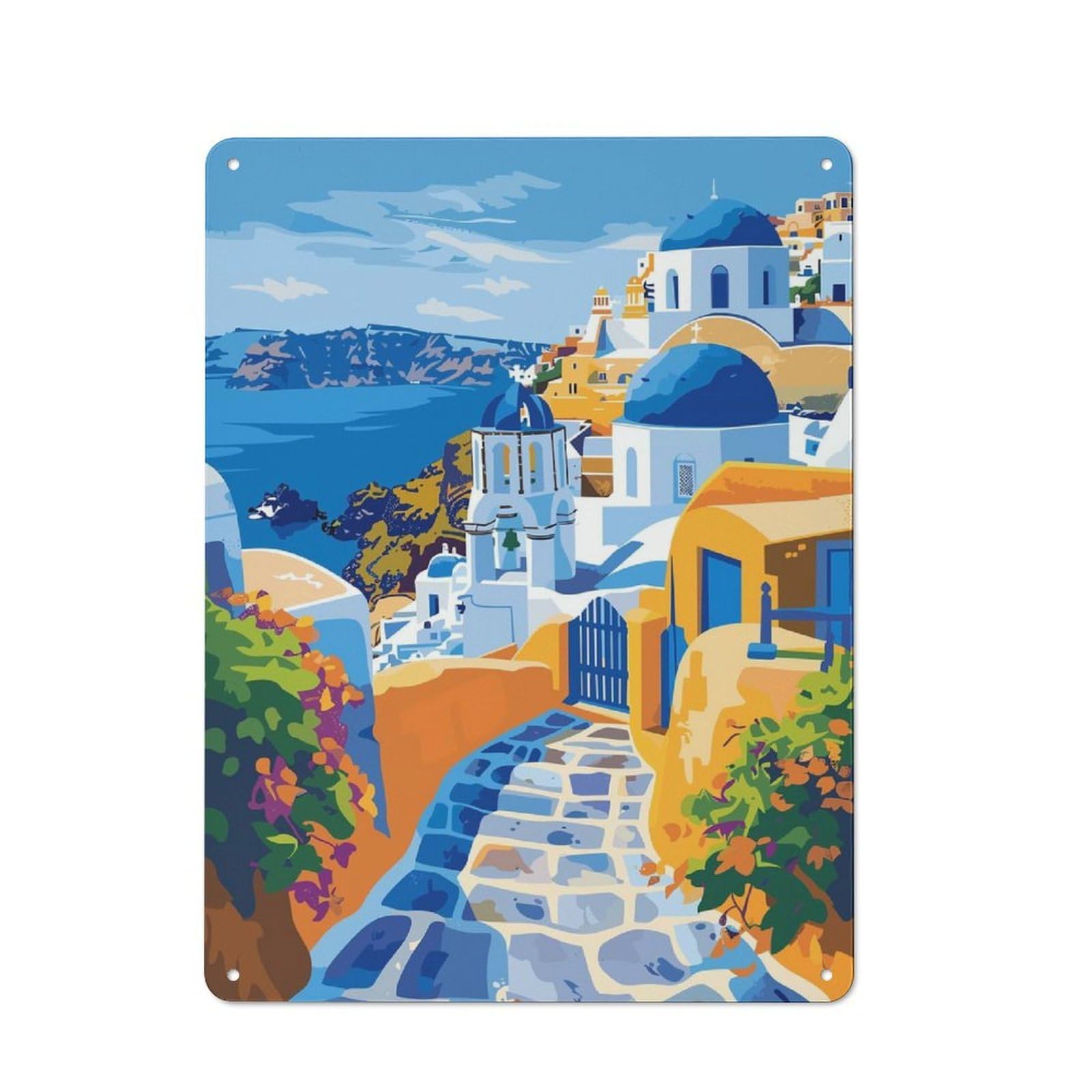 Junmoney Style-4 Tin Wall Plaque 40X30cm With Greek Island Santorini For Garage Wall, Suited To People Furnishing A Garage