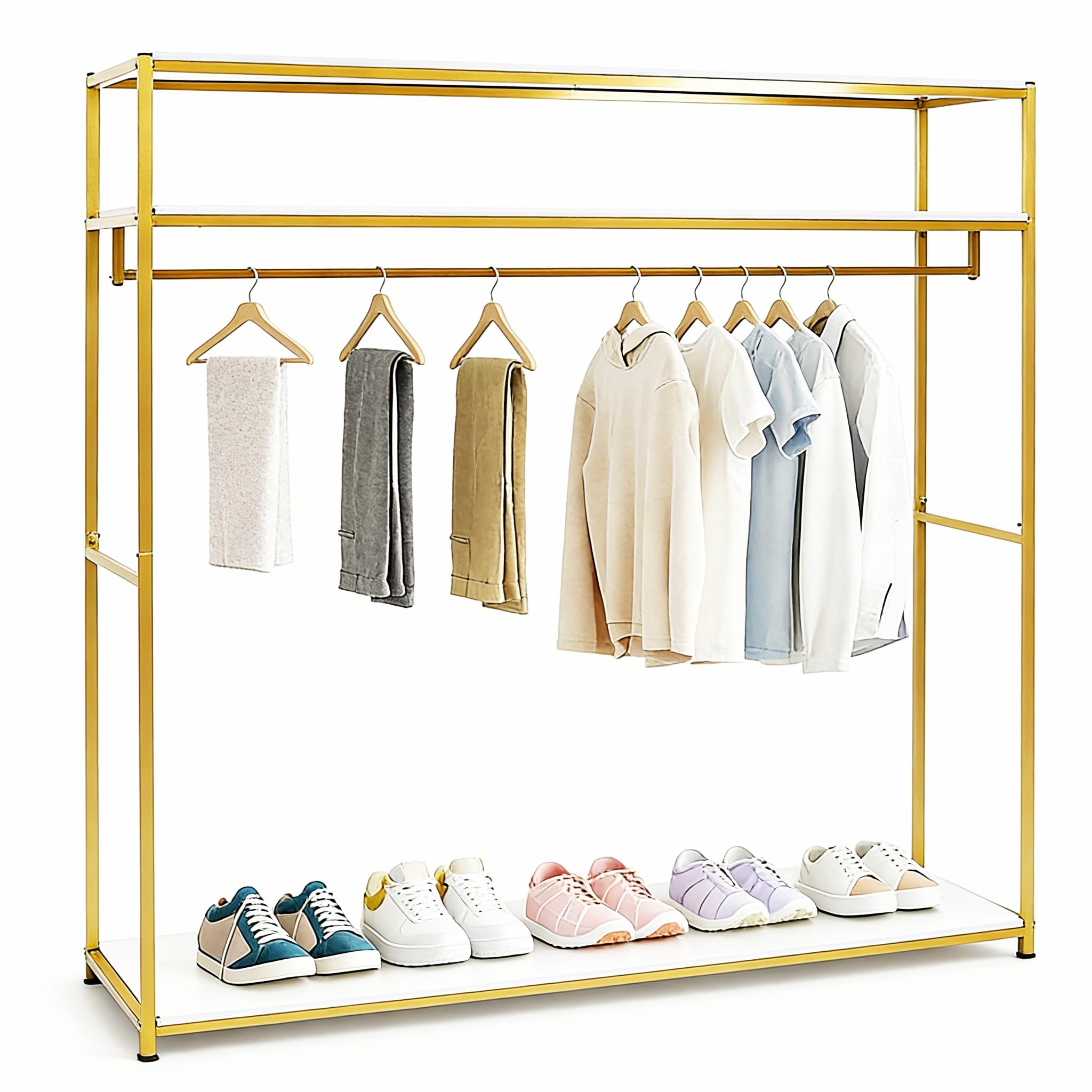 Perchero dorado con estante, barra de metal estable en diseño cuadrado, 150 x 40 x 180 cm, perchero con 3 estantes, resistente percha para abrigos y vestidos de novia, ropa abierta