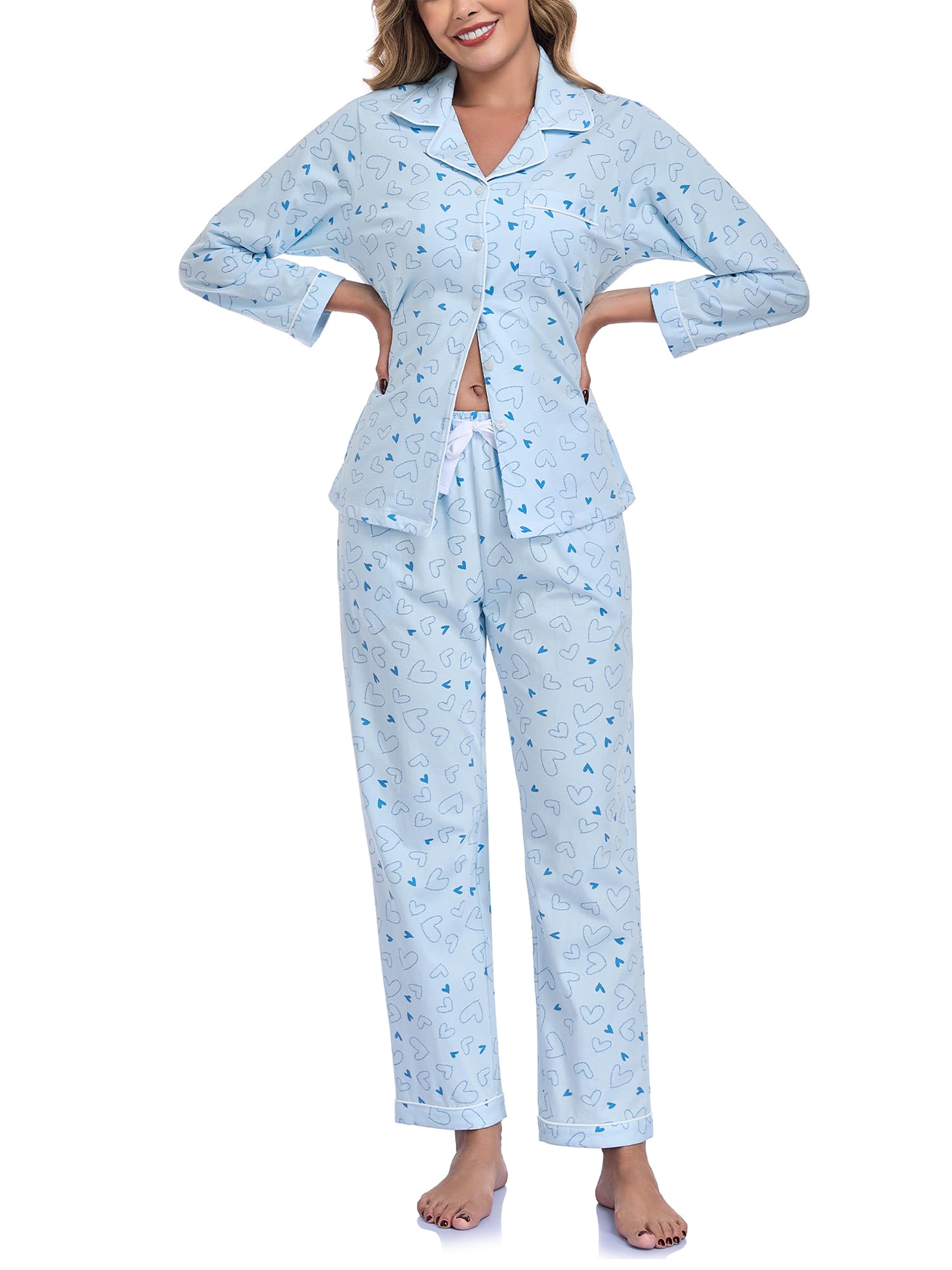 Damen Pyjama Set 100% Baumwolle Leopardenmuster Langarm Knöpfe Hose
