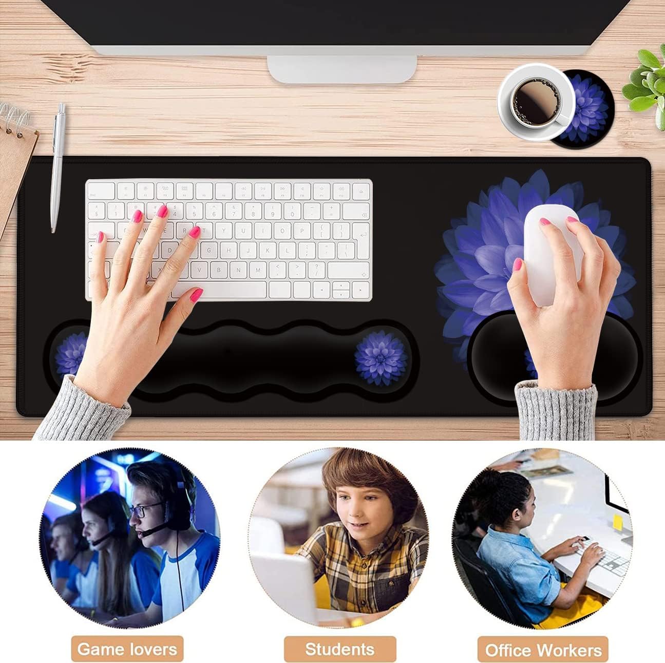 Ergonomic Mouse Pad Set, Desk Mat(31.5×11.8 in) + Keyboard Wrist Rest Support + Mouse Wrist Rest + Coasters for Office,Home,Computer,Laptop -Purple Flowers Cute Black Gaming Large Mousepads XXL