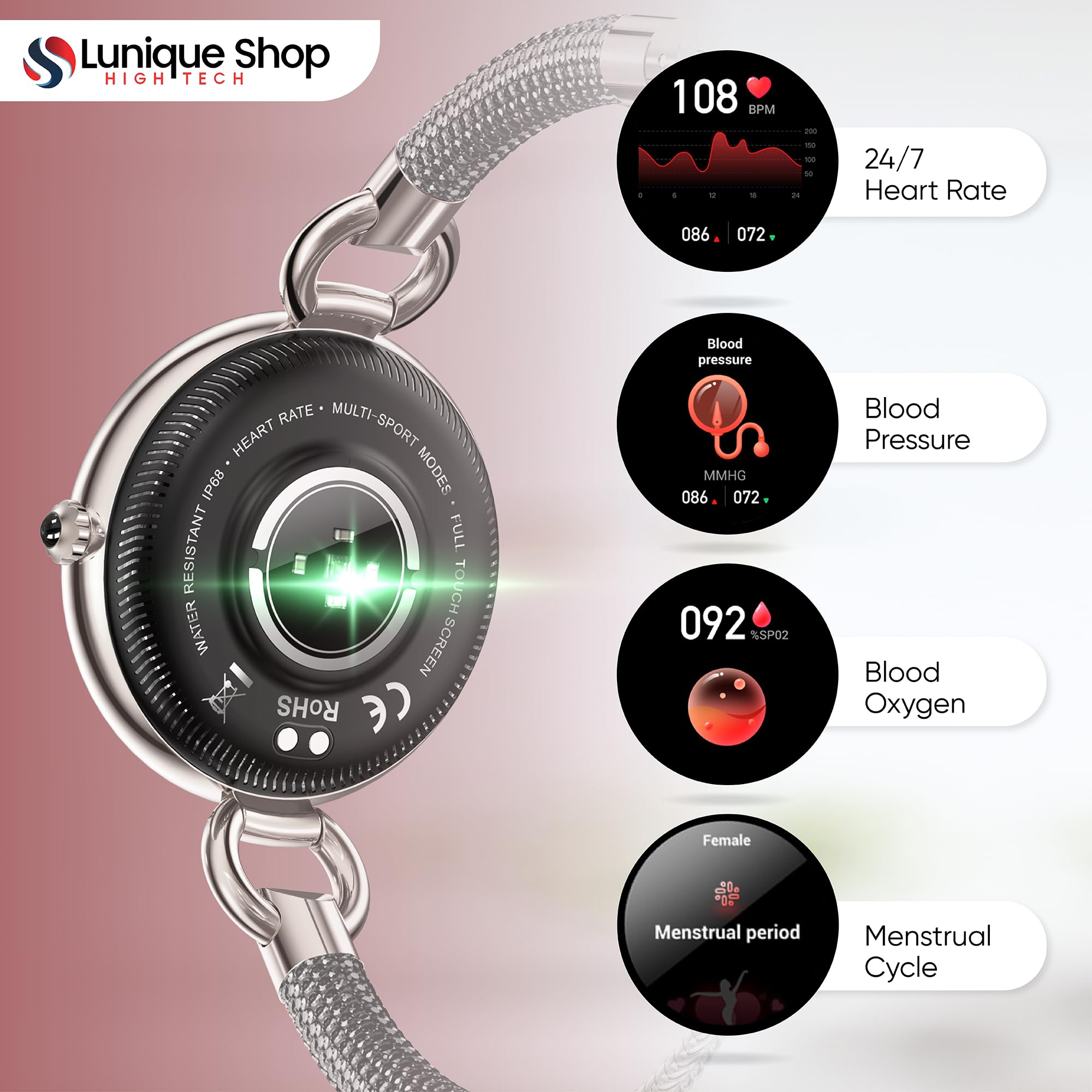 Nowość LSBEAUTY Rhinestone Inteligentny zegarek damski Smartwatch Tlen krwi, napięcie krwi, tętno, krokomierz pogoda muzyka inteligentna bransoletka iOS/Android srebrny