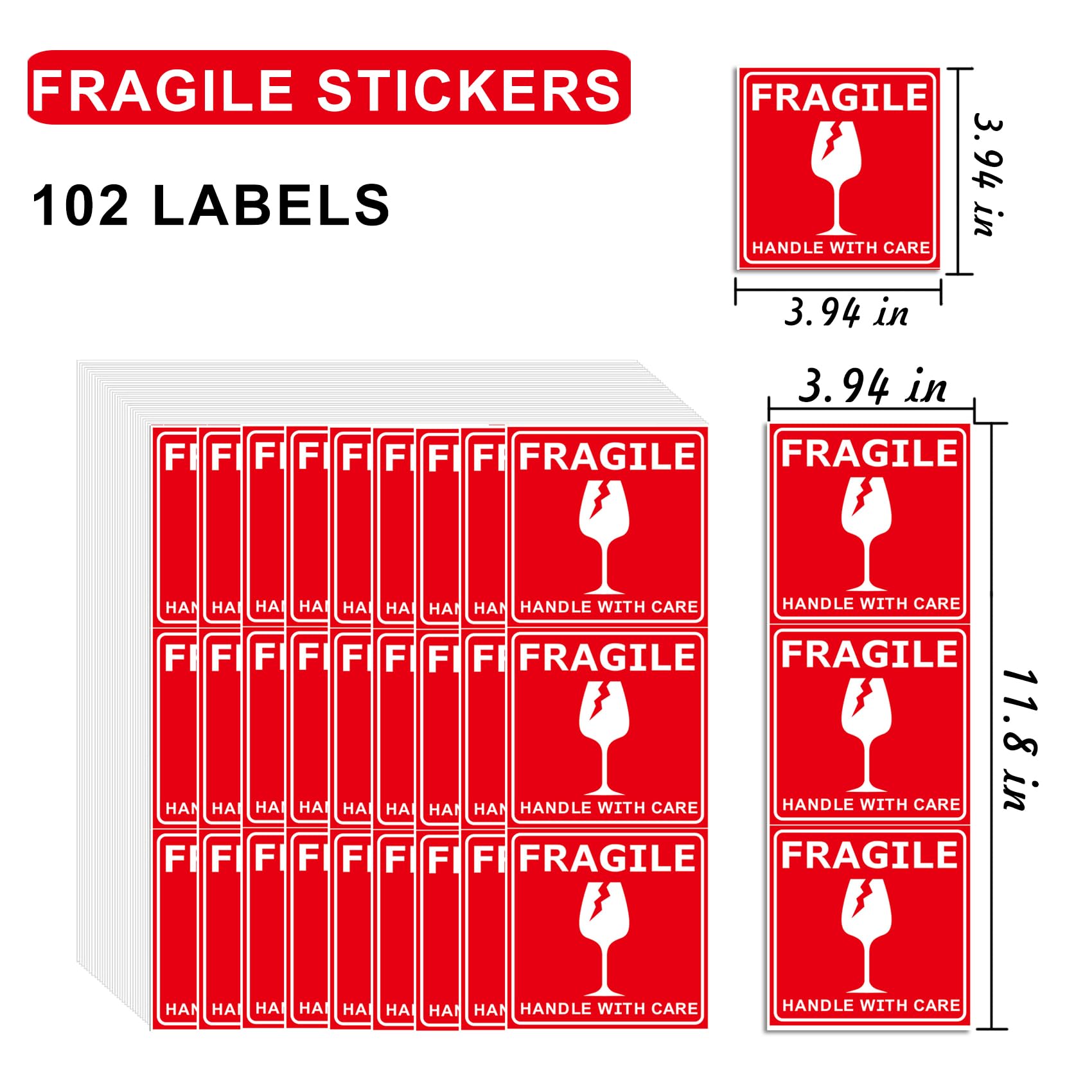 Fragile Stickers – Autocollants d'avertissement pour expédition avec poignée fragile avec soin – Adhésif puissant – Étiquettes fragiles d'emballage – 102 étiquettes adhésives permanentes par rouleau
