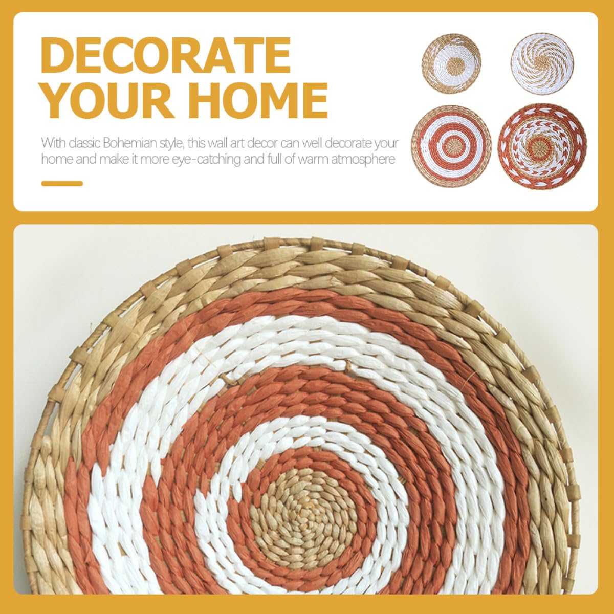Decoración de Pared Redonda Bohemia Hecha a Mano en Paja Trenzada, Juego de 4 Piezas para Dormitorios y Celebraciones Obsequios, Resistente al Desvanecimiento