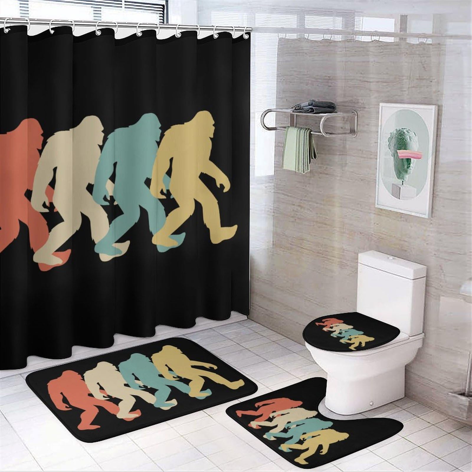 CGSBNGHA Vintage Bigfoot Sasquatch Shower Curtain Set 4 Piece Bathroom Sets with Rugs Toilet Lid Cover And U-Shaped Floor Mat