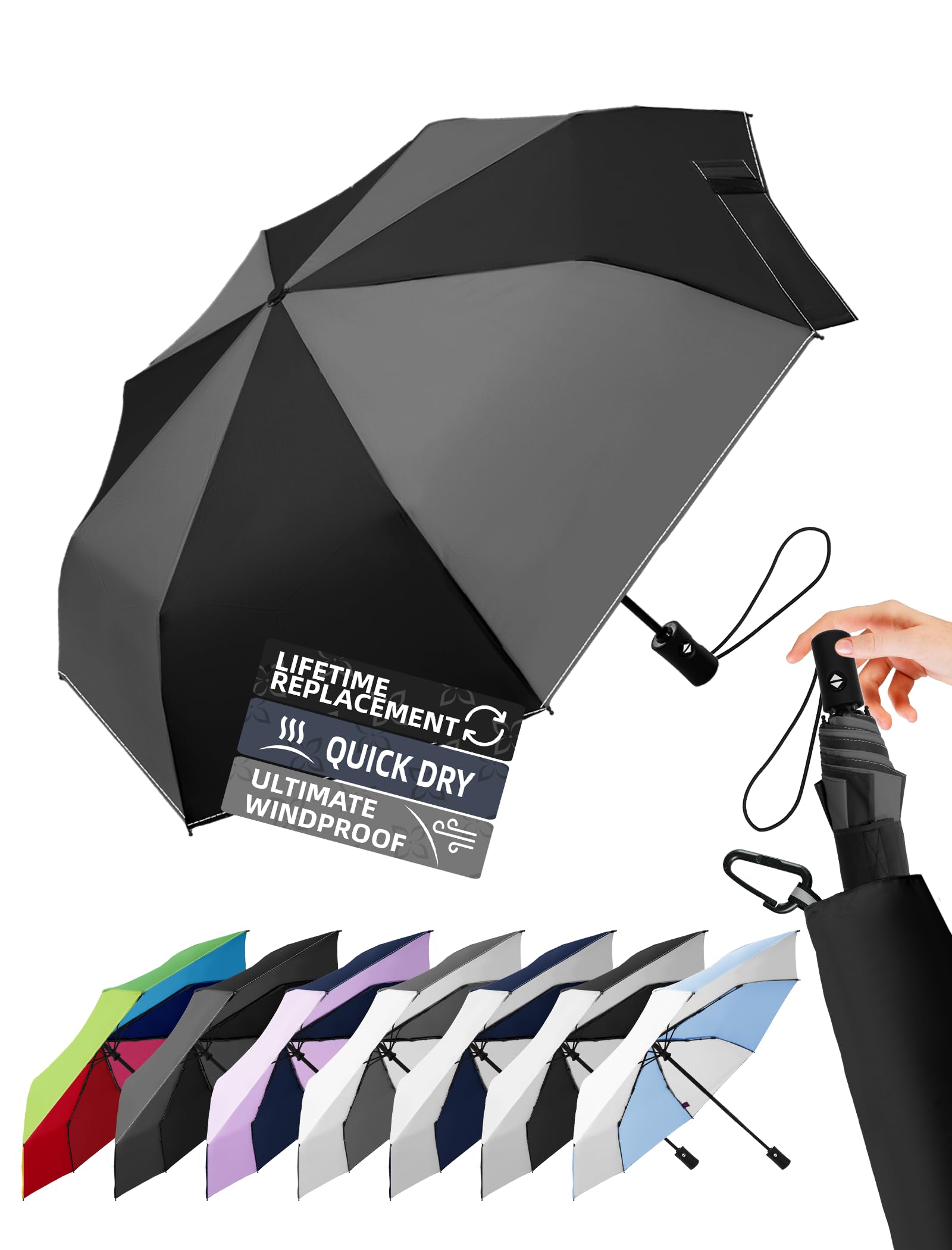 Windproof Travel Umbrella for Rain - 43" Auto Open Close 8-Rib Compact, Stylish Two-Tone Color Block Design, Easy-Close Folding Portable Parasol for Men & Women