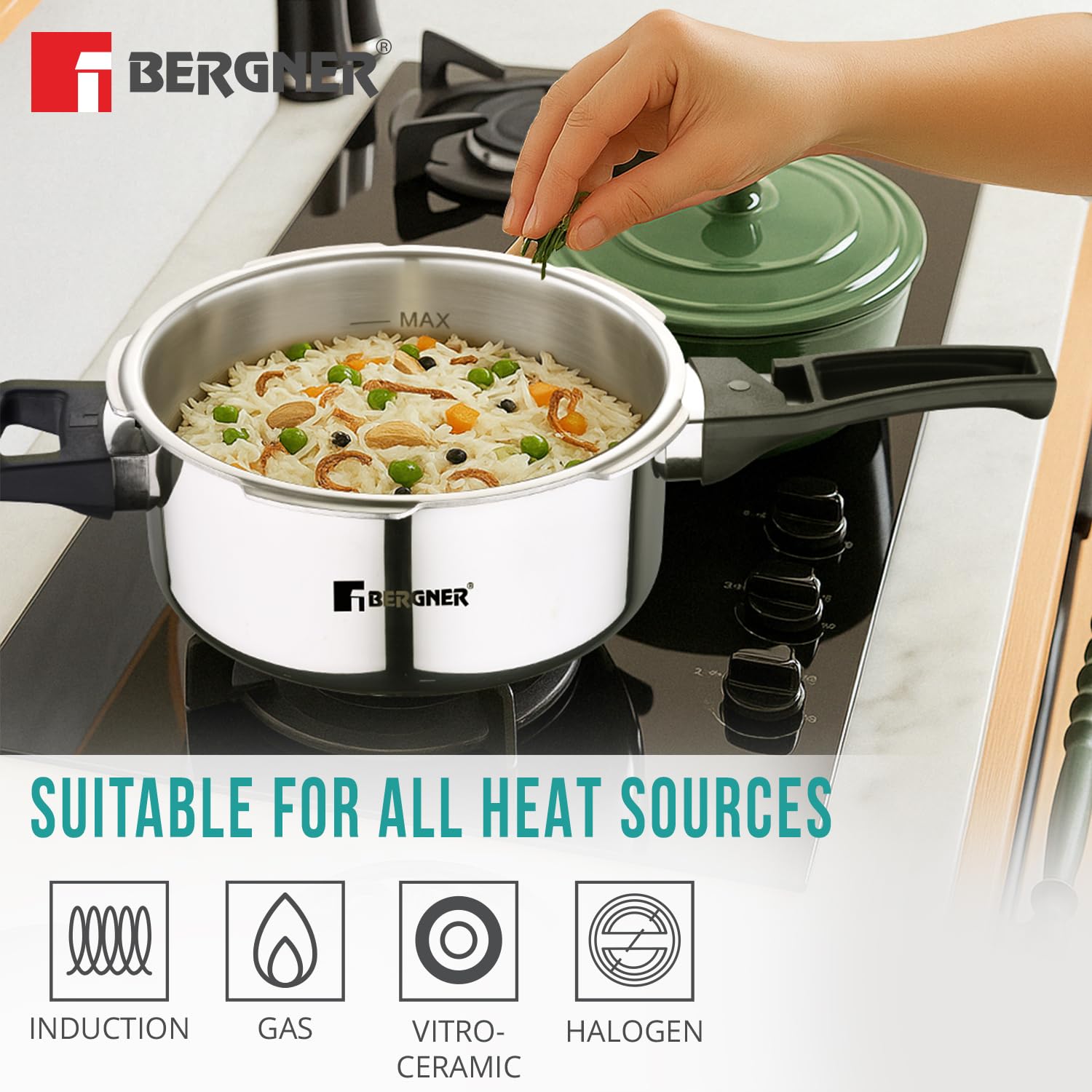 Bergner Argent Elements Triply Stainless Steel 2.4 L Outer Lid Pressure Cooker, Healthy Cooking, Even Heat Distribution, Sturdy Handle, Easy Lock System, Safety Gasket - Induction and Gas Stove Ready 3