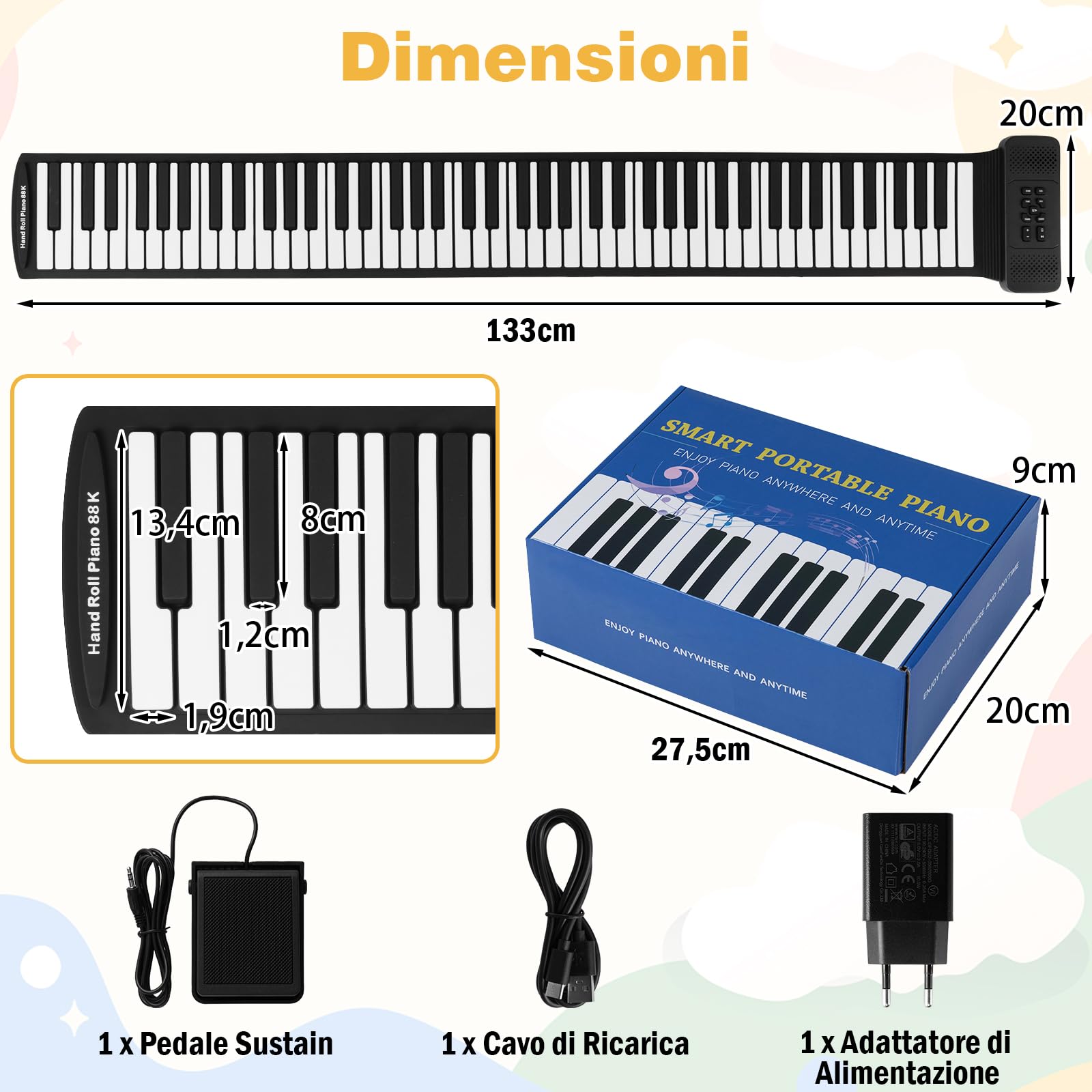 COSTWAY Tastiera Elettrica Arrotolabile a 88 Tasti, Pianoforte Portatile con 128 Ritmi, 128 Suoni e 14 Demo, Pianoforte Digitale Pieghevole con Pedale Sustain, per Principianti Bambini