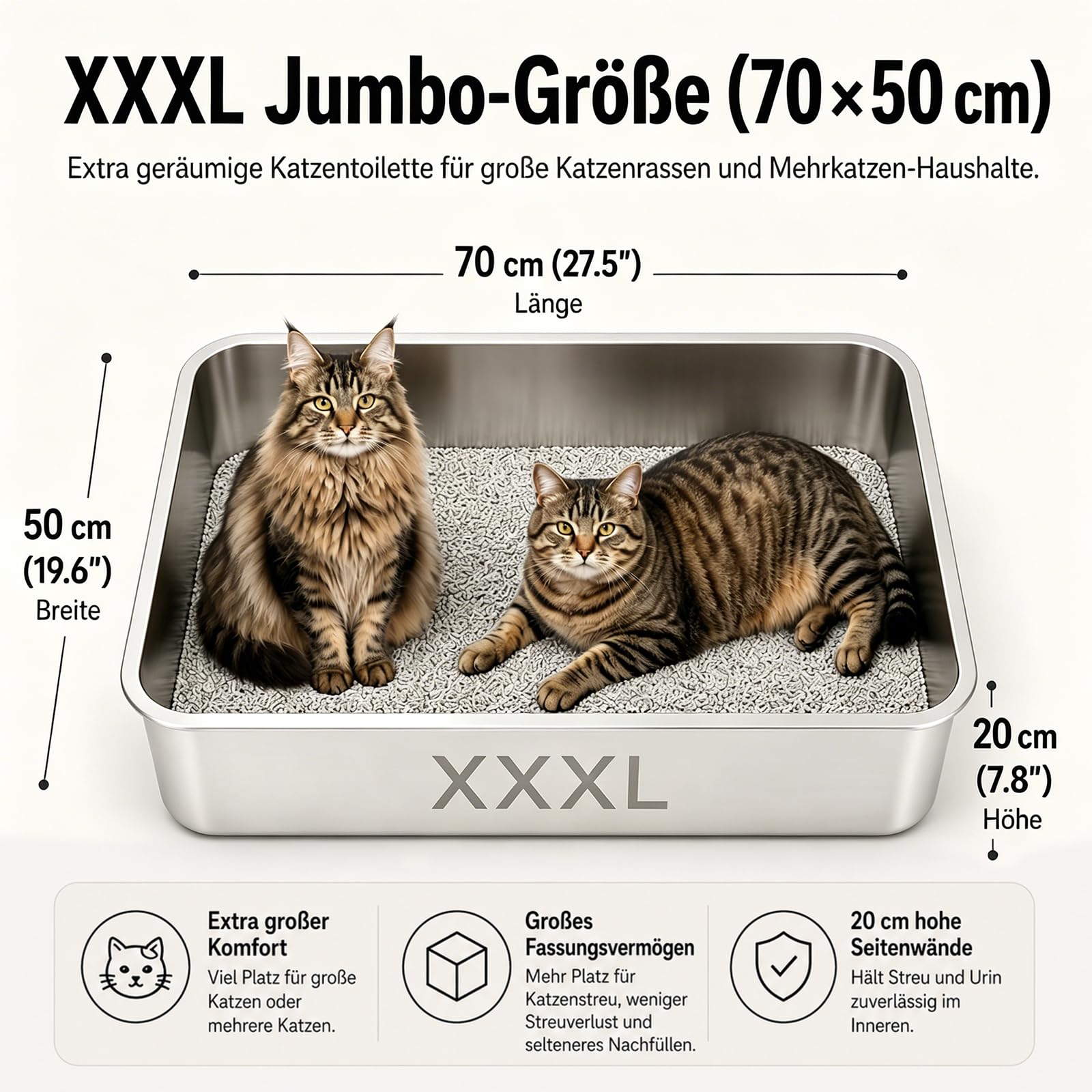 Premium XXXL Katzenklo Edelstahl, 70x50x20 cm Groß Katzentoilette mit Hohen Rand, Rostfrei, Antihaftbeschichtet, Leicht zu Reinigen, mit Schaufel für Große Katzen & Mehrkatzenhaushalte