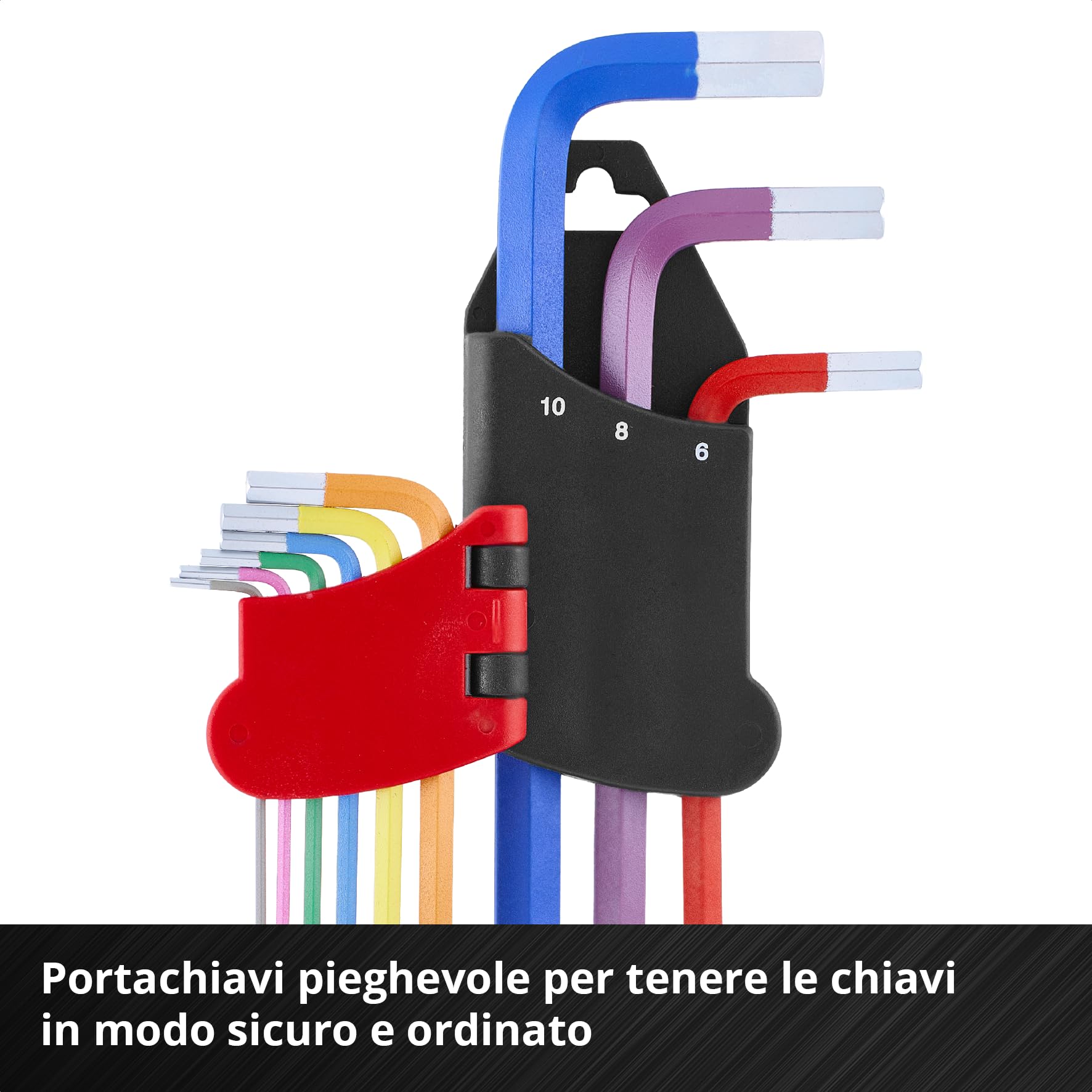 Original Einhell Set Chiavi Esagonali 9 pz (Acciaio S2, Testa Sferica, Funzione Doppia, Misure 1.5–10 mm, Supporto, Uso Pratico)